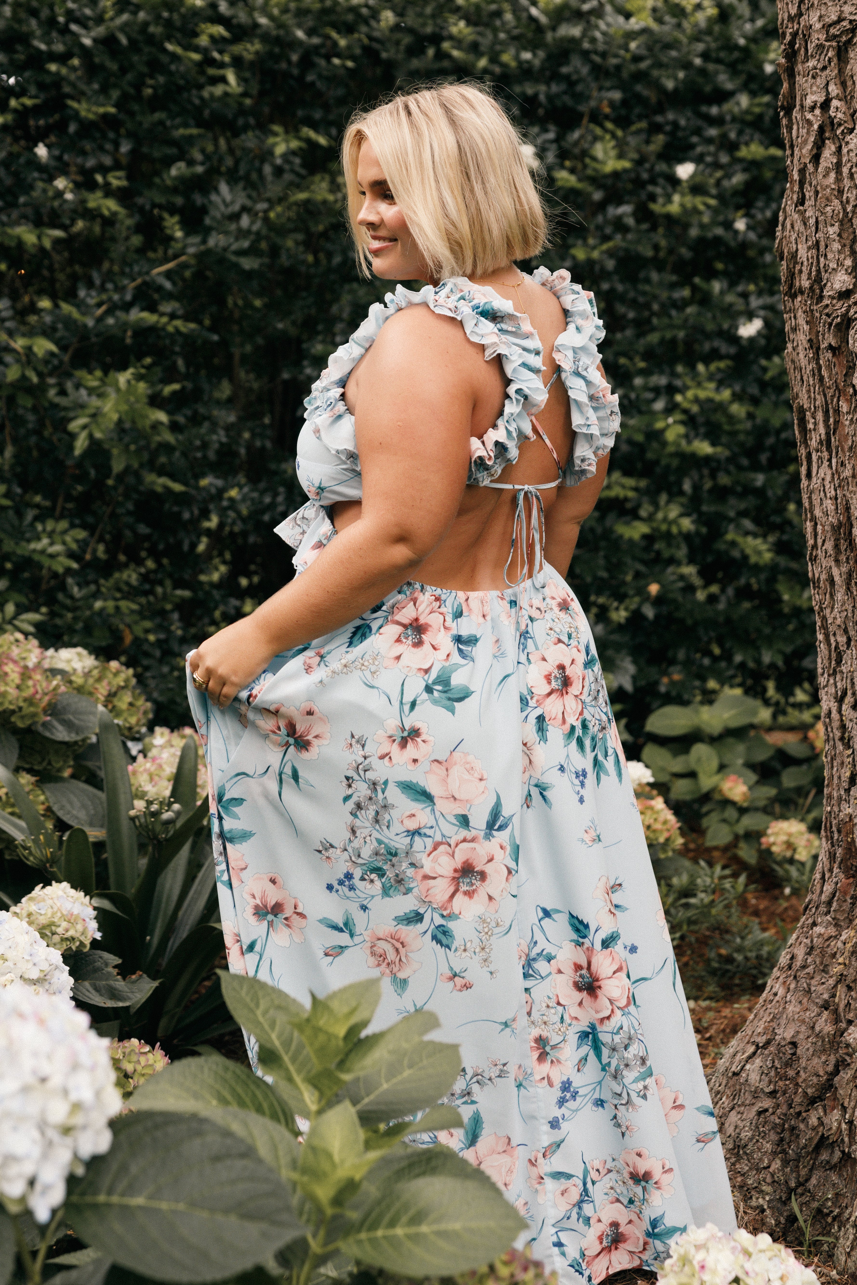 Lucah Frill Shoulder Maxi Dress - Blue Floral-Sunny Prom