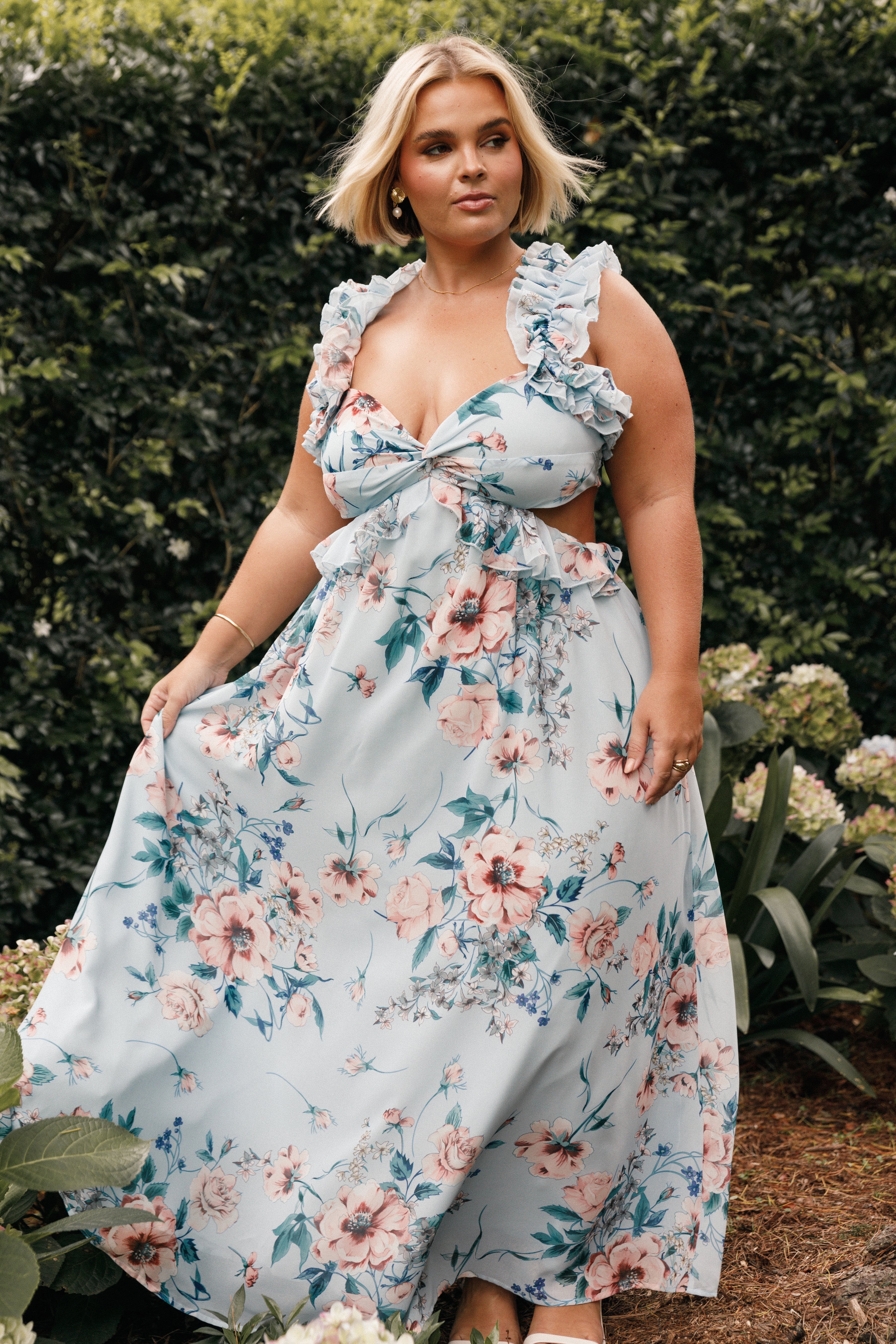 Lucah Frill Shoulder Maxi Dress - Blue Floral-Sunny Prom