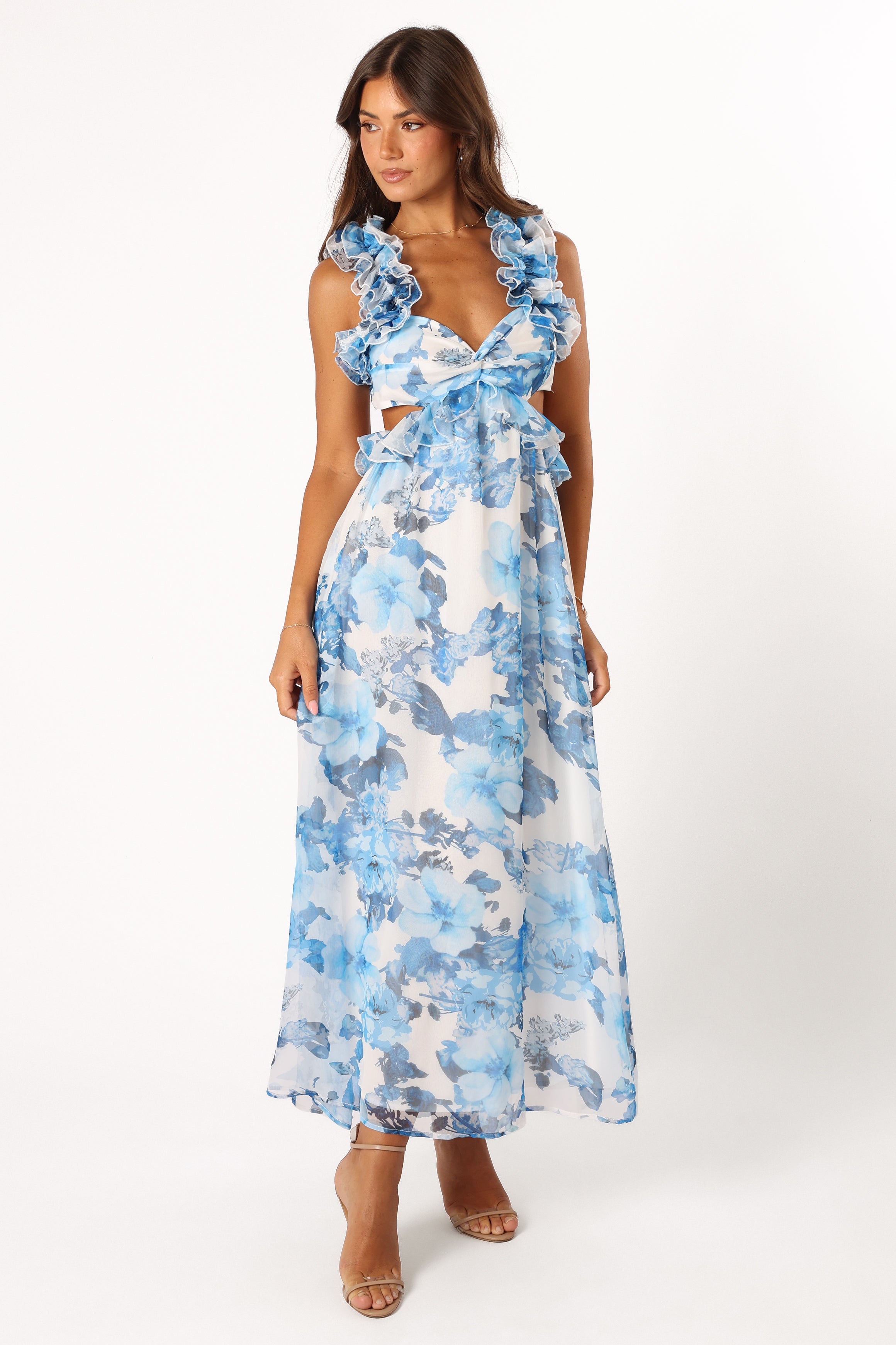 Lucah Frill Shoulder Maxi Dress - Blue White Floral-Sunny Prom