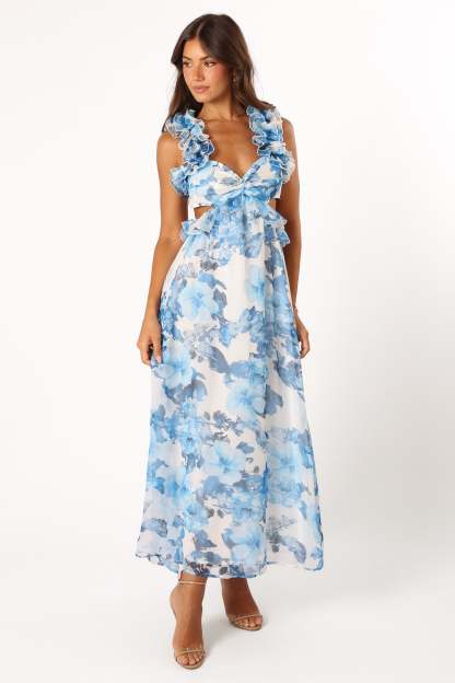 Lucah Frill Shoulder Maxi Dress - Blue White Floral-Sunny Prom
