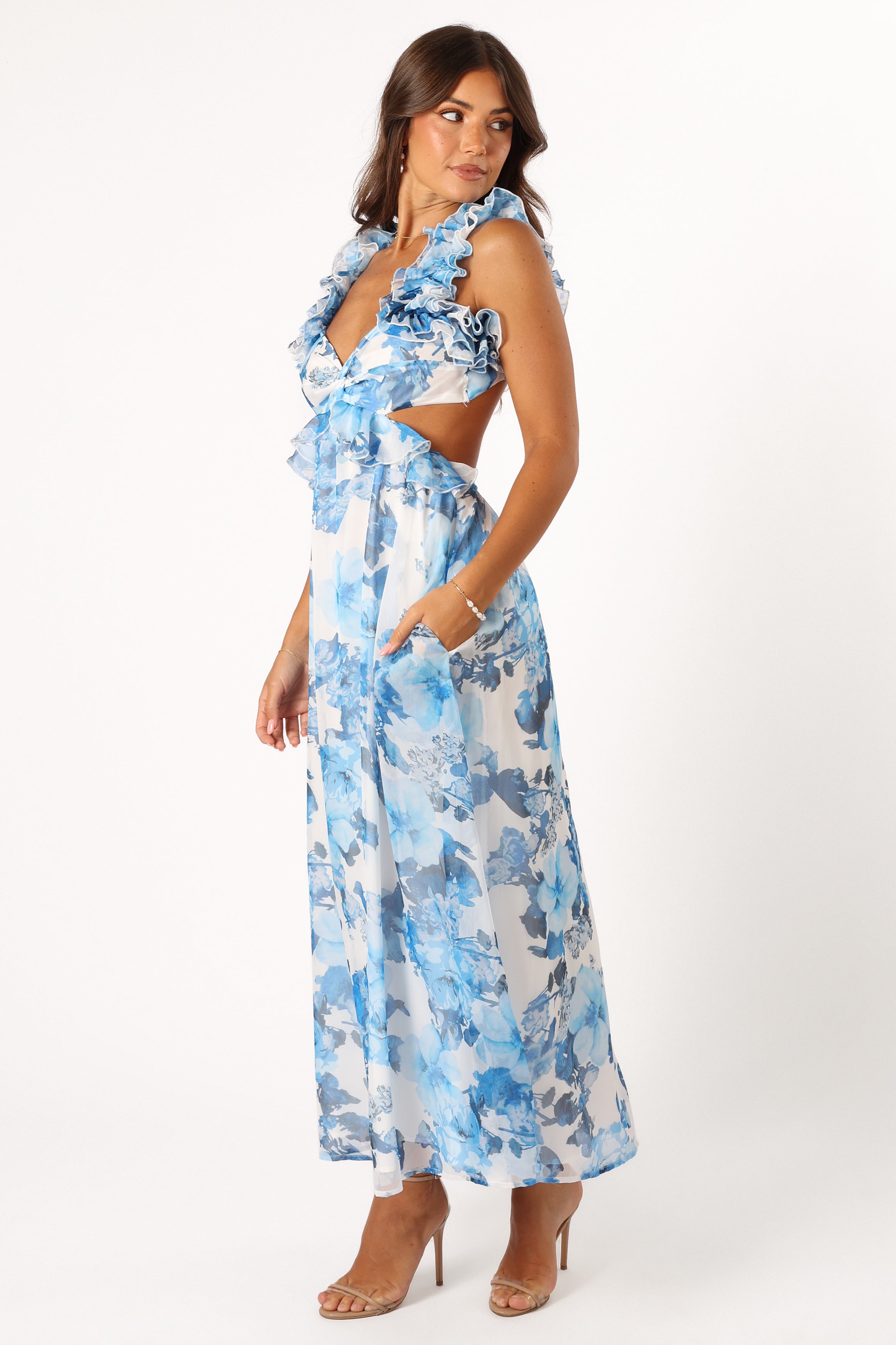 Lucah Frill Shoulder Maxi Dress - Blue White Floral-Sunny Prom