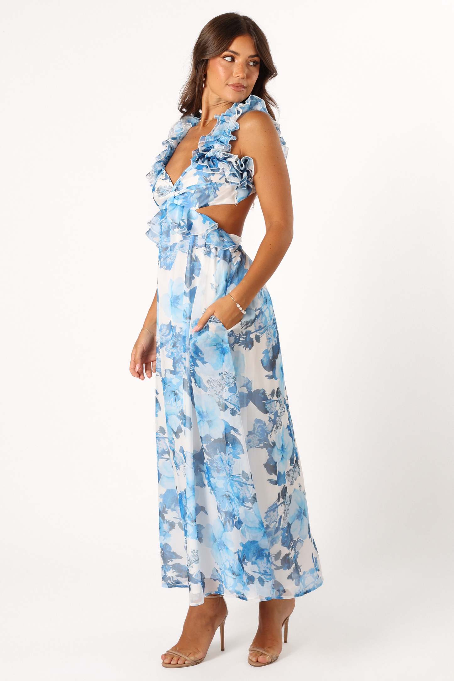Lucah Frill Shoulder Maxi Dress - Blue White Floral-Sunny Prom