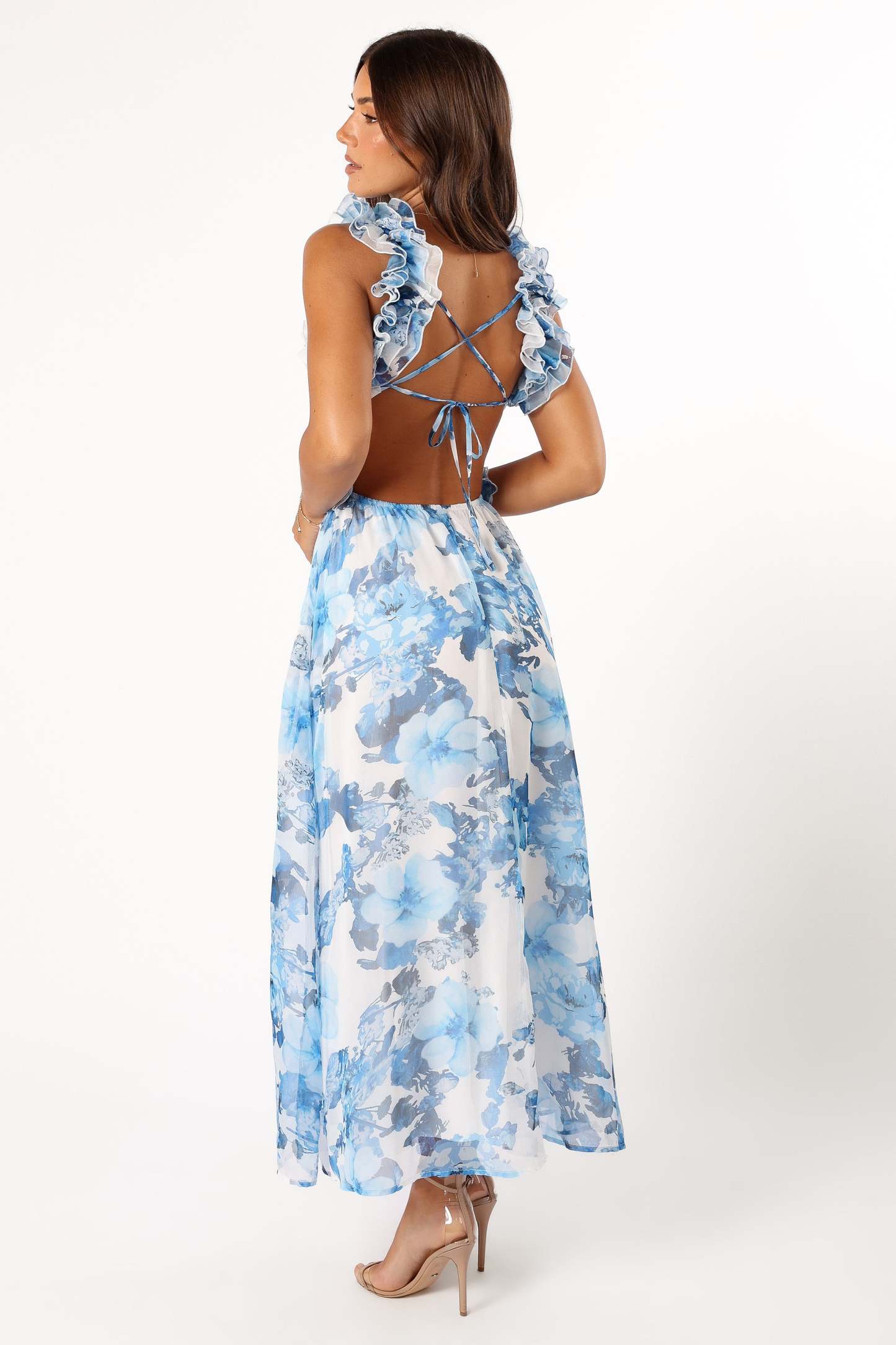 Lucah Frill Shoulder Maxi Dress - Blue White Floral-Sunny Prom