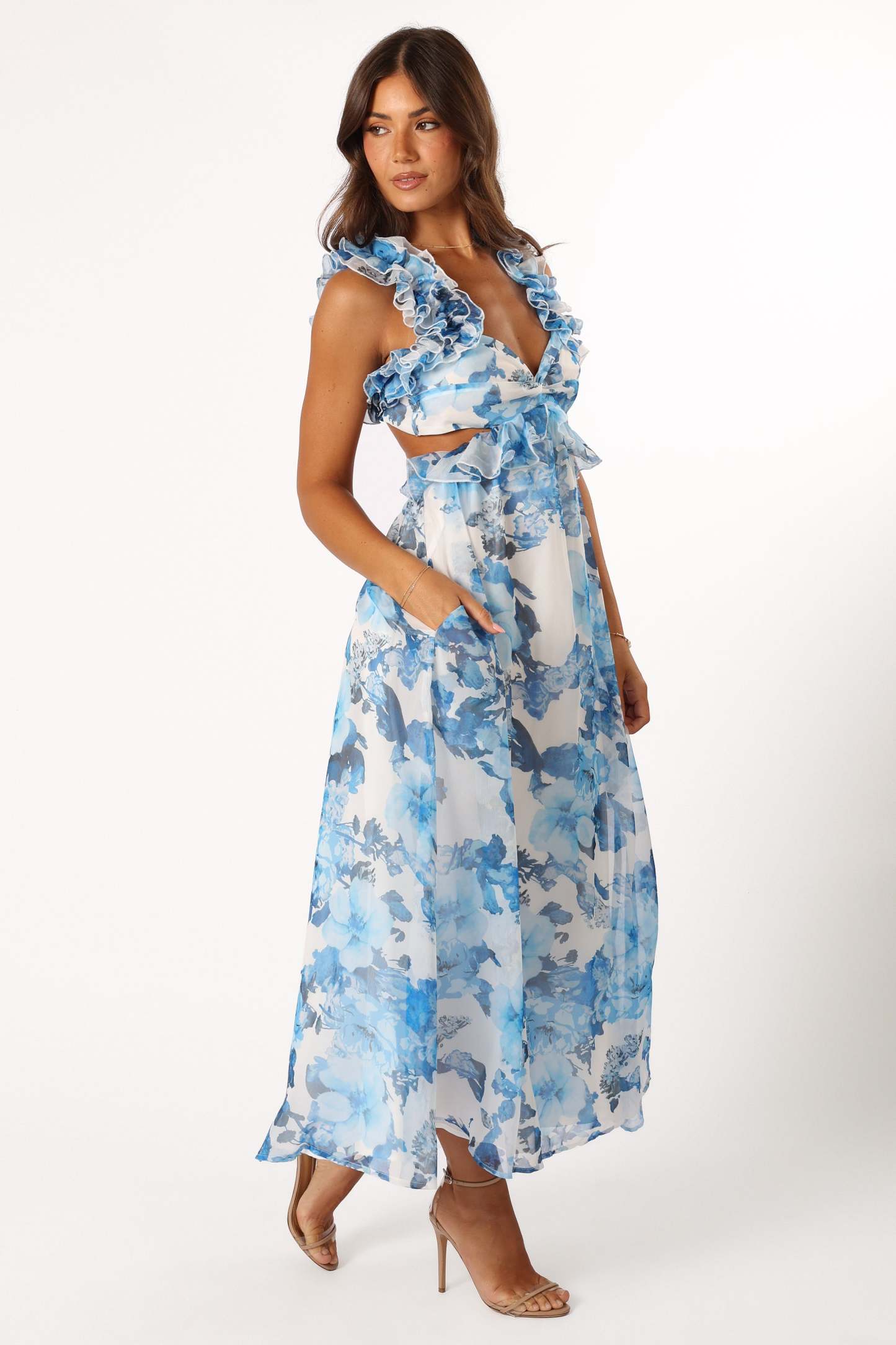Lucah Frill Shoulder Maxi Dress - Blue White Floral-Sunny Prom