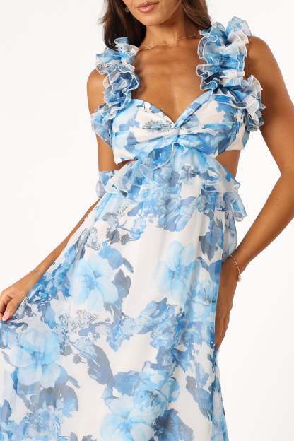Lucah Frill Shoulder Maxi Dress - Blue White Floral-Sunny Prom