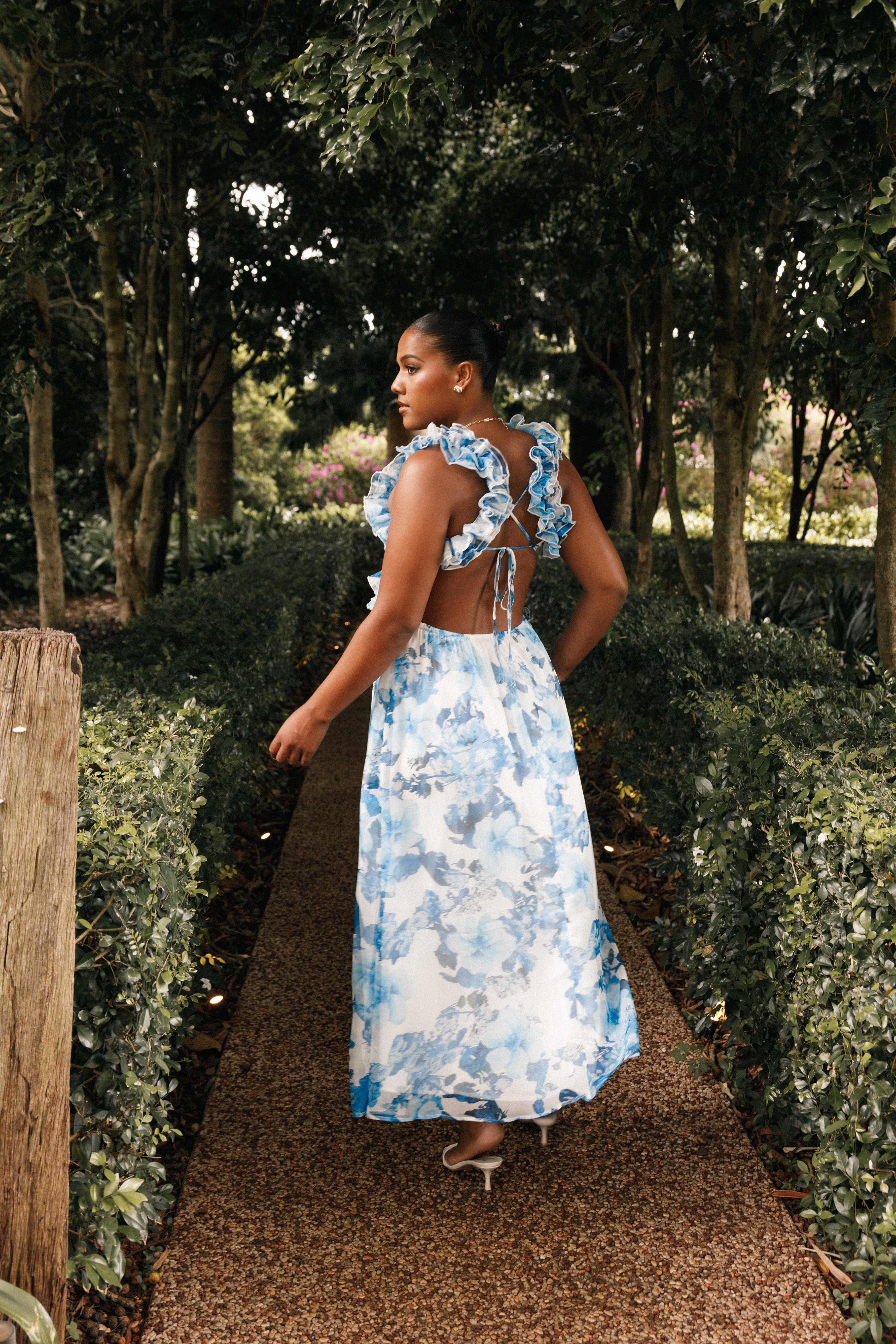 Lucah Frill Shoulder Maxi Dress - Blue White Floral-Sunny Prom
