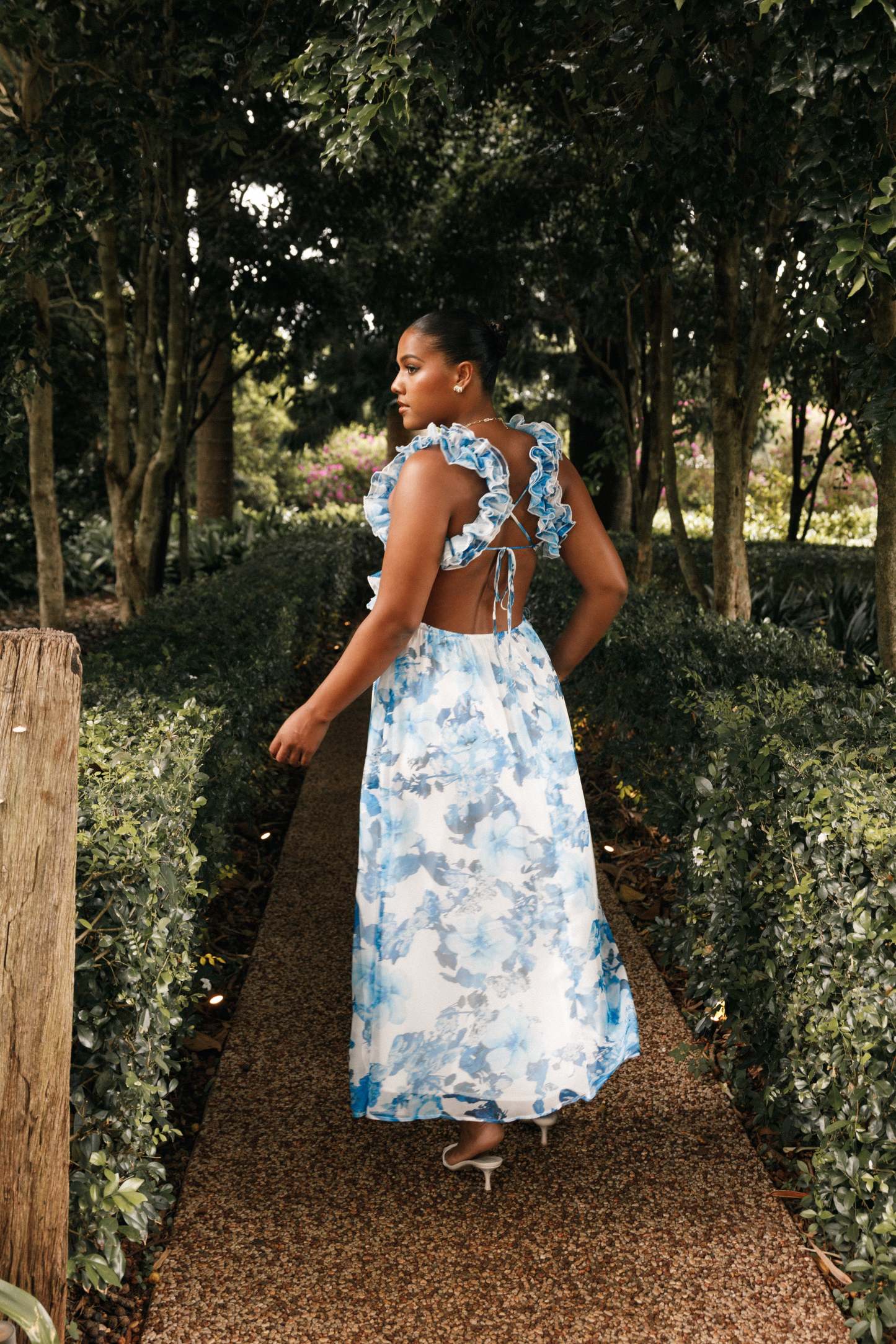 Lucah Frill Shoulder Maxi Dress - Blue White Floral-Sunny Prom