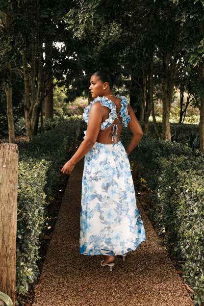 Lucah Frill Shoulder Maxi Dress - Blue White Floral-Sunny Prom