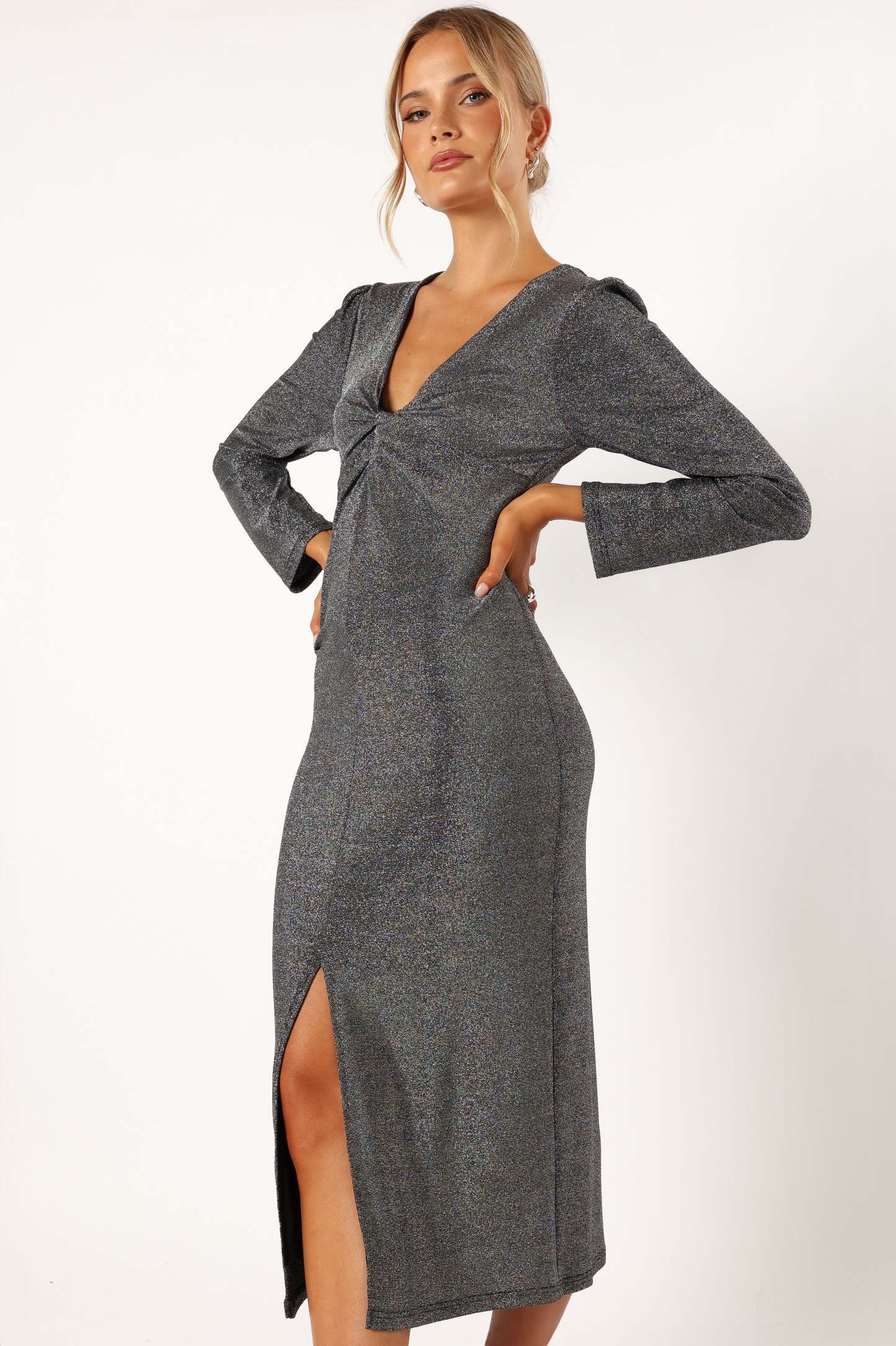 Luminate Long Sleeve Midi Dress - Silver-Sunny Prom