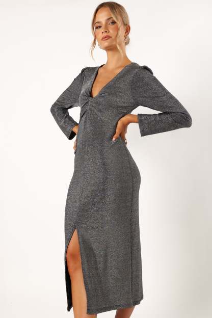 Luminate Long Sleeve Midi Dress - Silver-Sunny Prom
