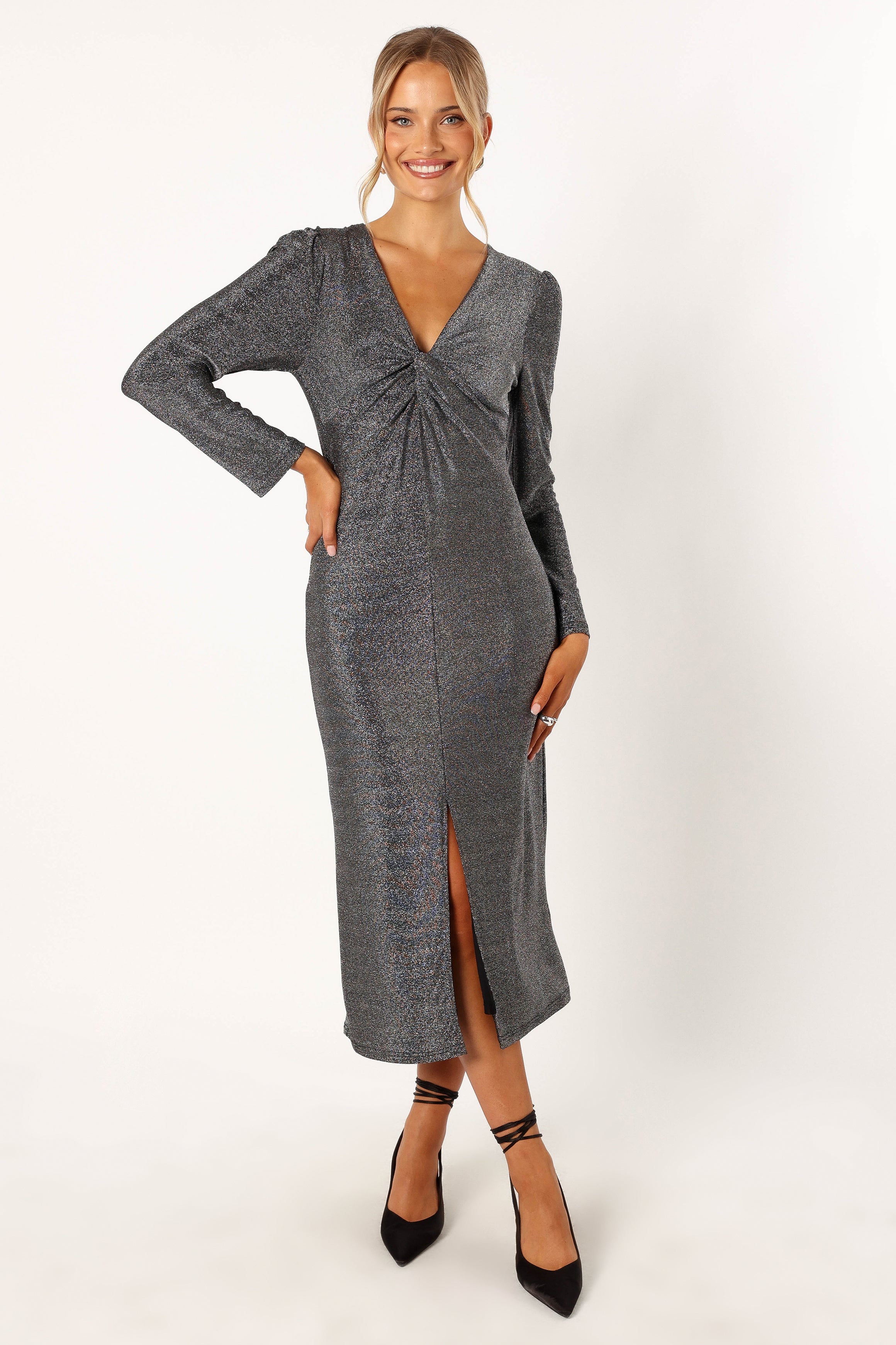 Luminate Long Sleeve Midi Dress - Silver-Sunny Prom