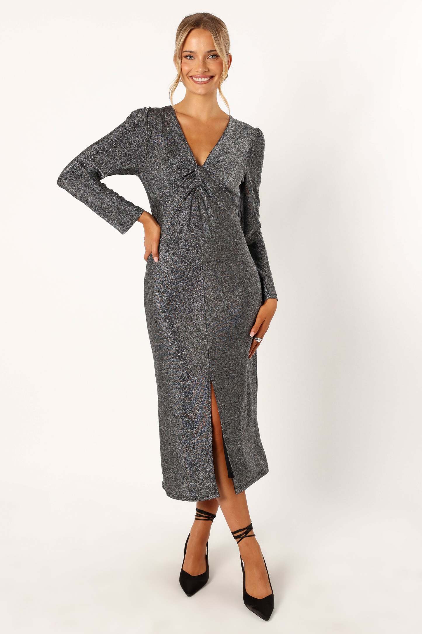 Luminate Long Sleeve Midi Dress - Silver-Sunny Prom