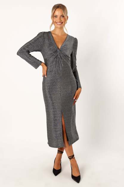 Luminate Long Sleeve Midi Dress - Silver-Sunny Prom