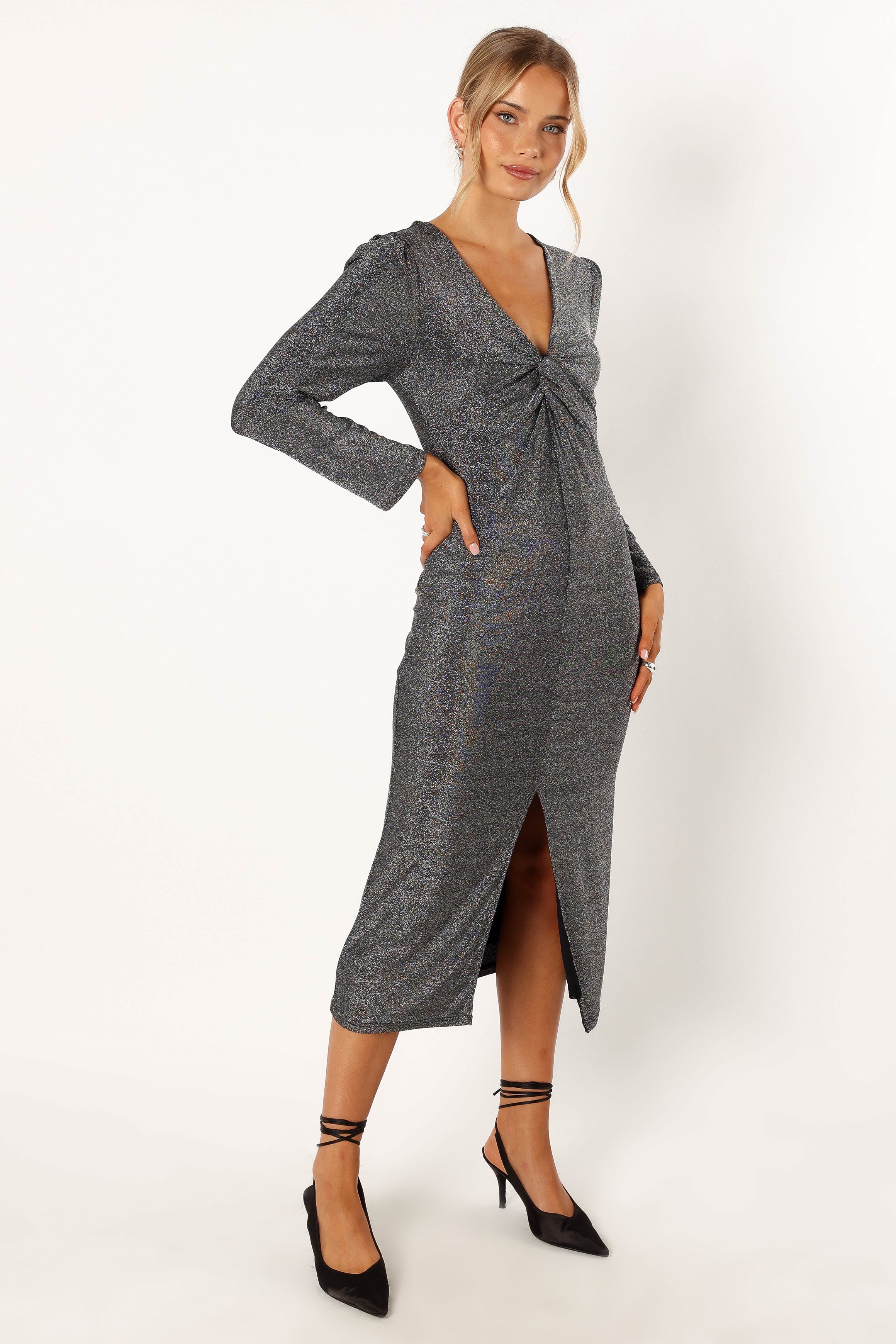 Luminate Long Sleeve Midi Dress - Silver-Sunny Prom