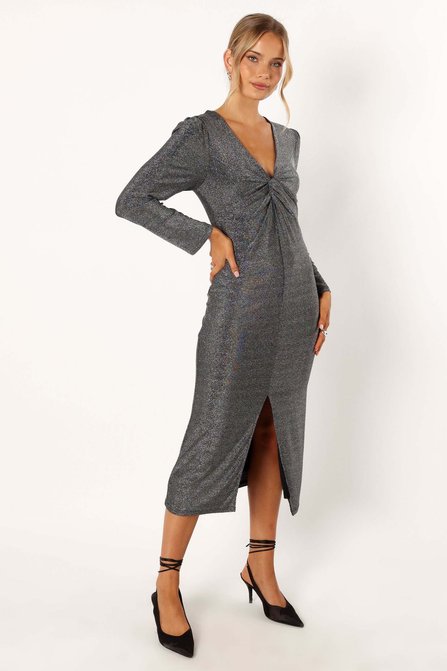 Luminate Long Sleeve Midi Dress - Silver-Sunny Prom
