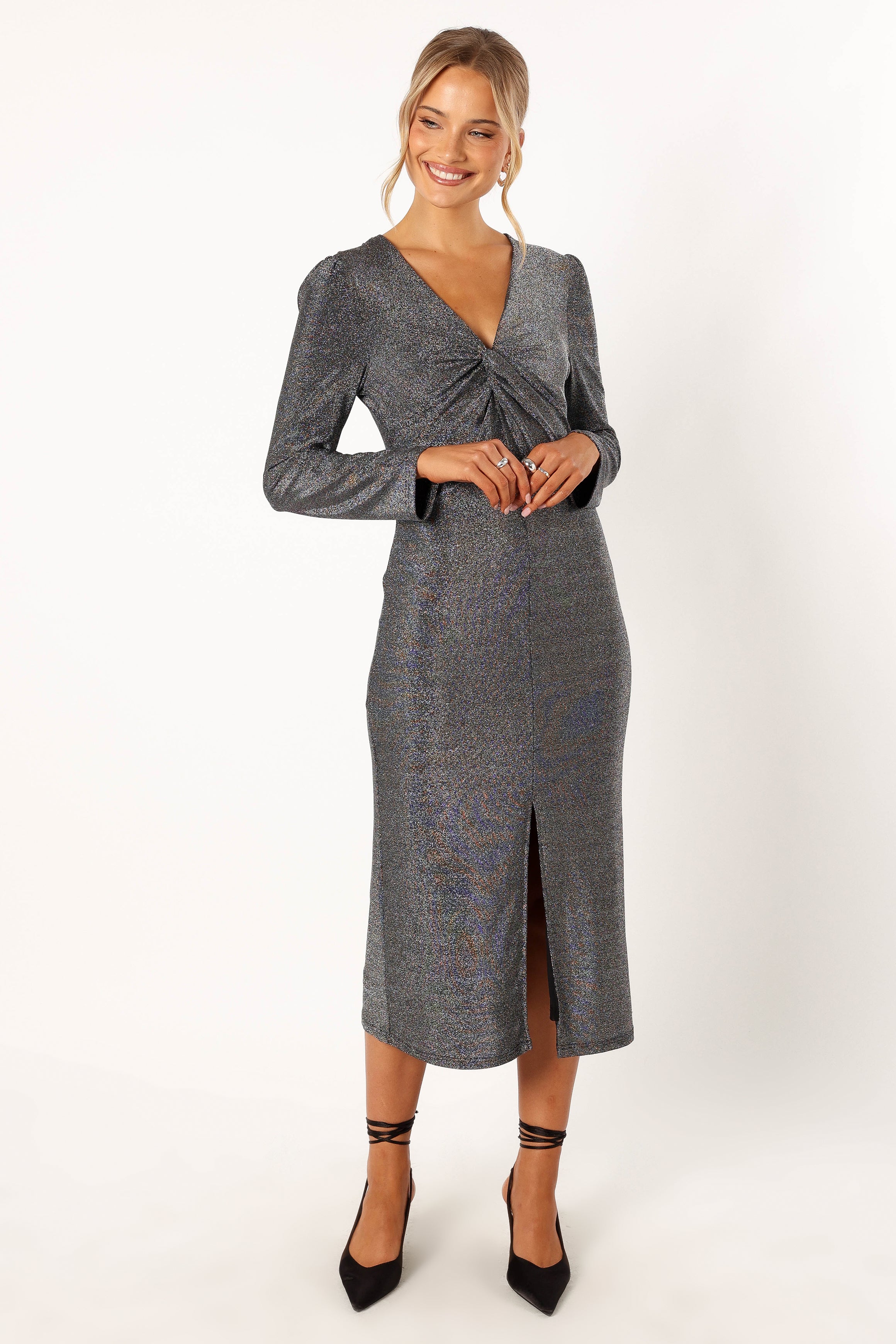 Luminate Long Sleeve Midi Dress - Silver-Sunny Prom