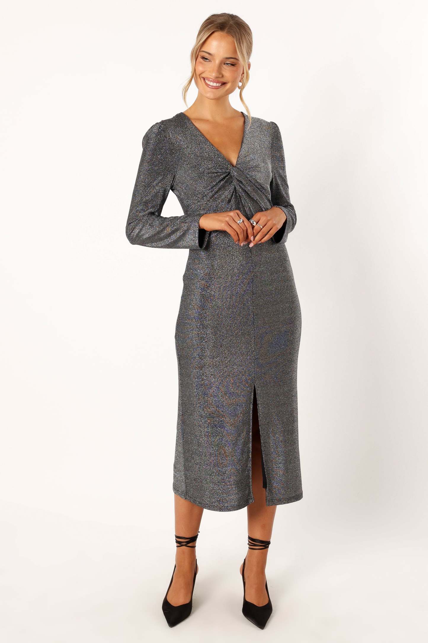 Luminate Long Sleeve Midi Dress - Silver-Sunny Prom