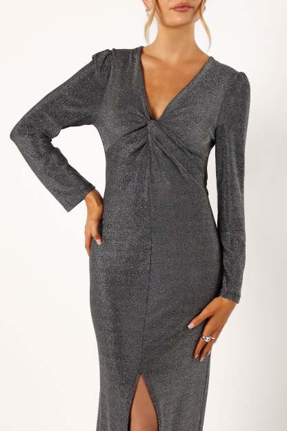 Luminate Long Sleeve Midi Dress - Silver-Sunny Prom