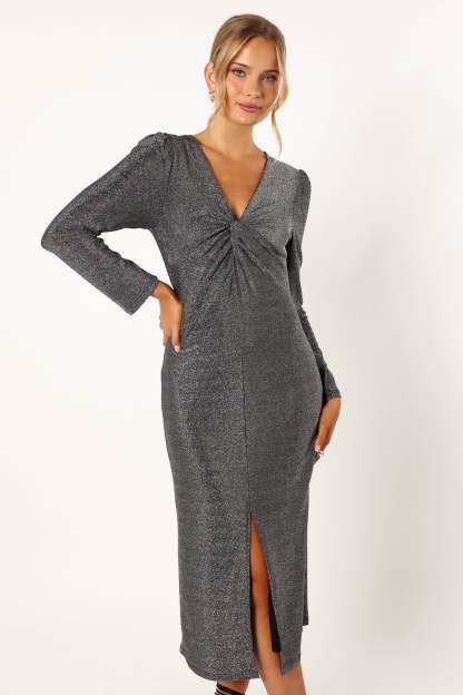 Luminate Long Sleeve Midi Dress - Silver-Sunny Prom