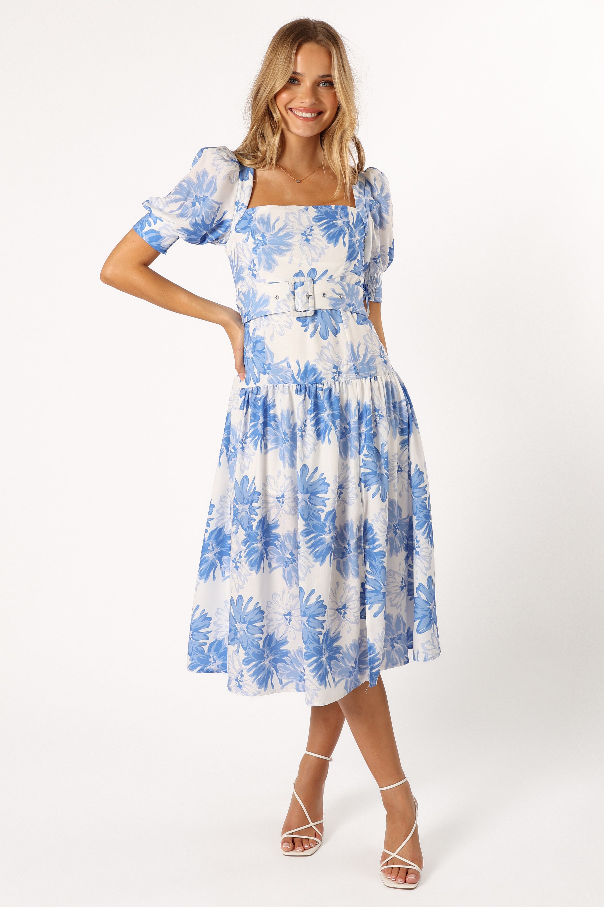Magda Belted Midi Dress - Blue Floral-Sunny Prom