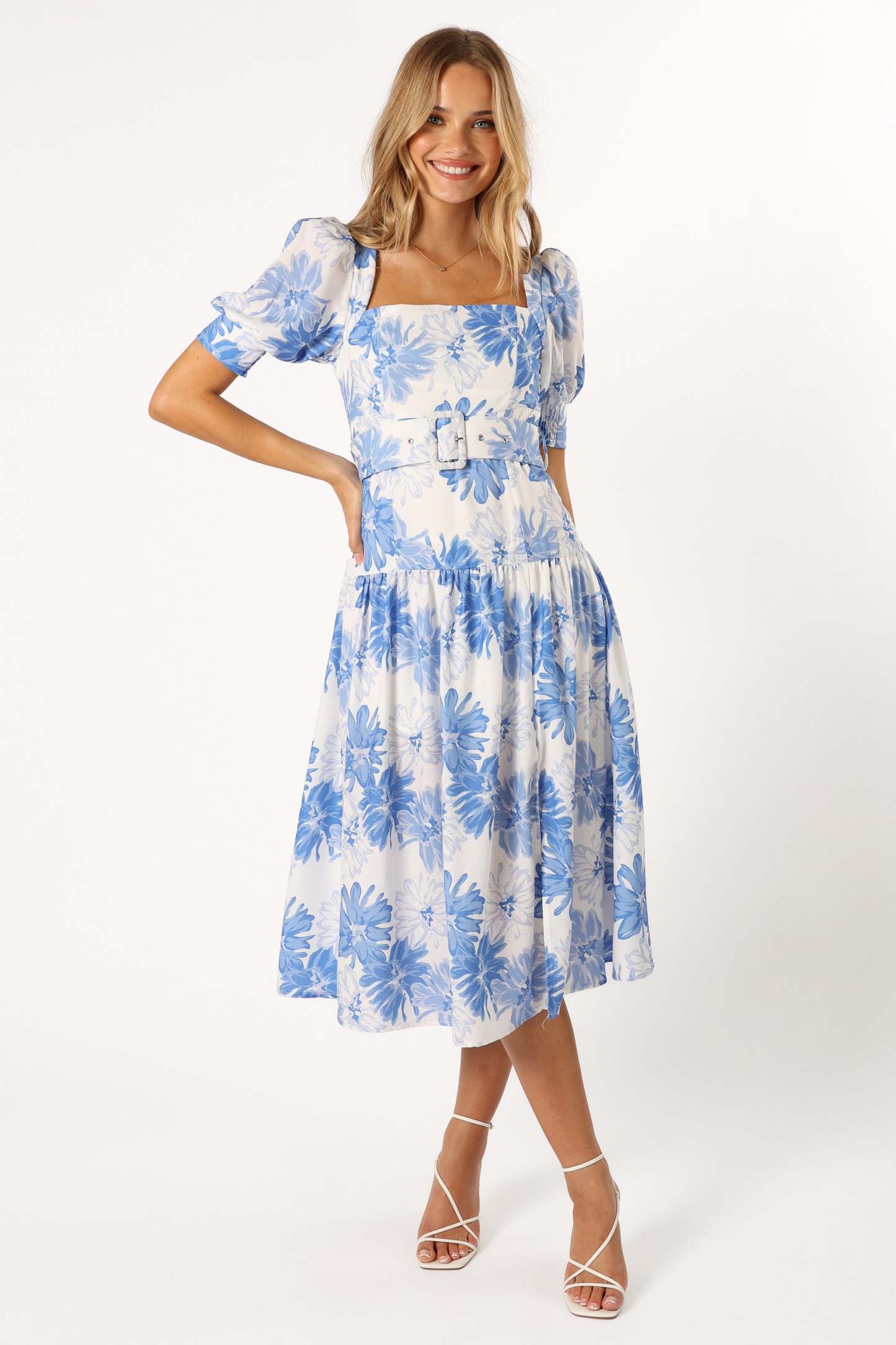 Magda Belted Midi Dress - Blue Floral-Sunny Prom