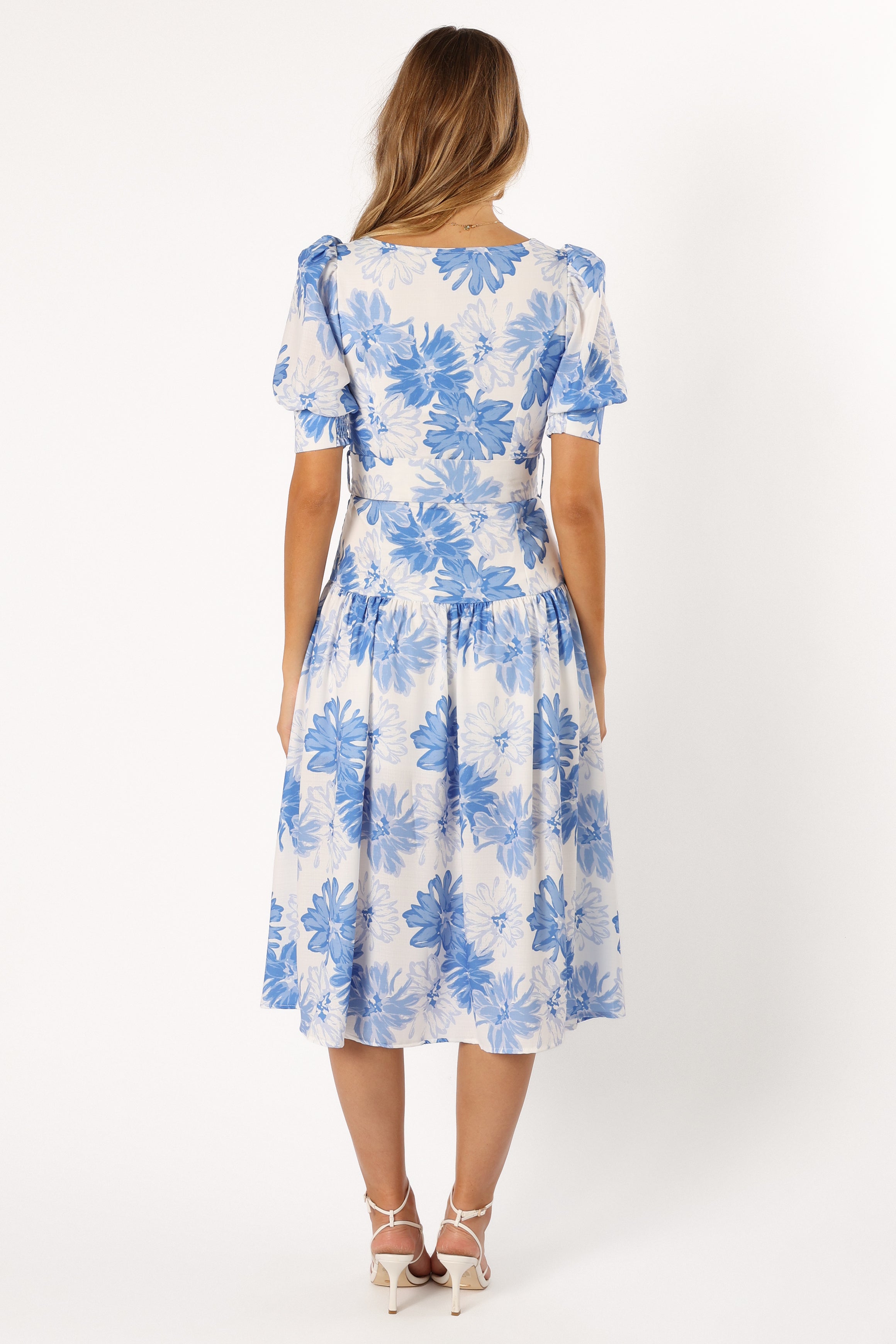 Magda Belted Midi Dress - Blue Floral-Sunny Prom