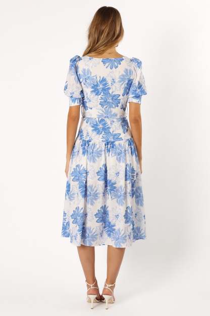 Magda Belted Midi Dress - Blue Floral-Sunny Prom