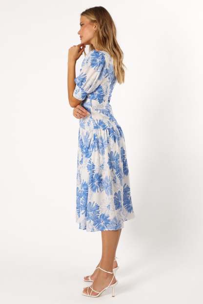 Magda Belted Midi Dress - Blue Floral-Sunny Prom