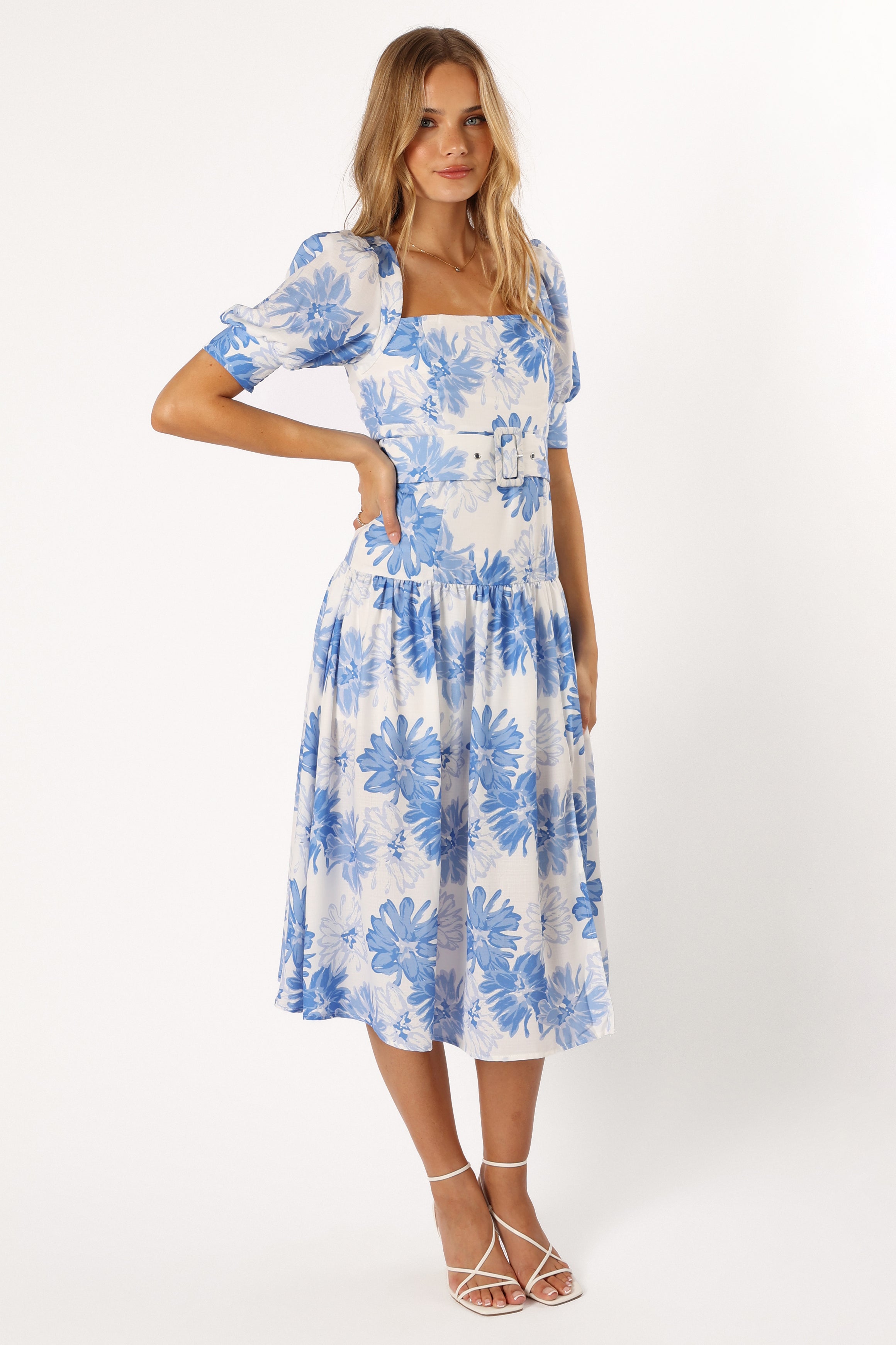 Magda Belted Midi Dress - Blue Floral-Sunny Prom