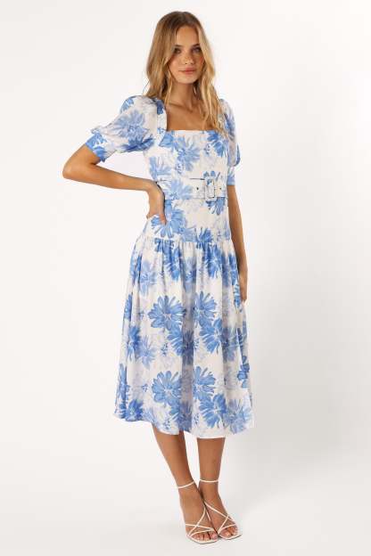 Magda Belted Midi Dress - Blue Floral-Sunny Prom