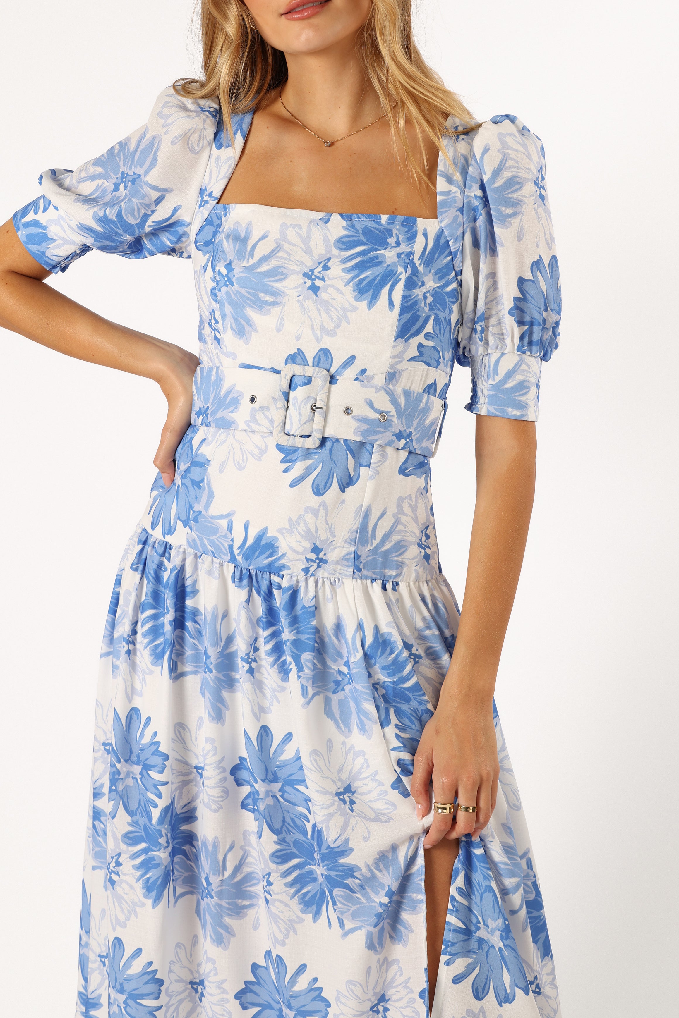 Magda Belted Midi Dress - Blue Floral-Sunny Prom
