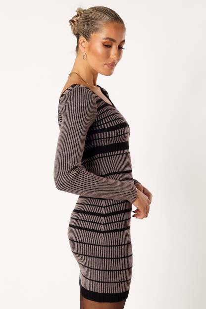 Maika Long Sleeve Mini Dress - Beige Black-Sunny Prom