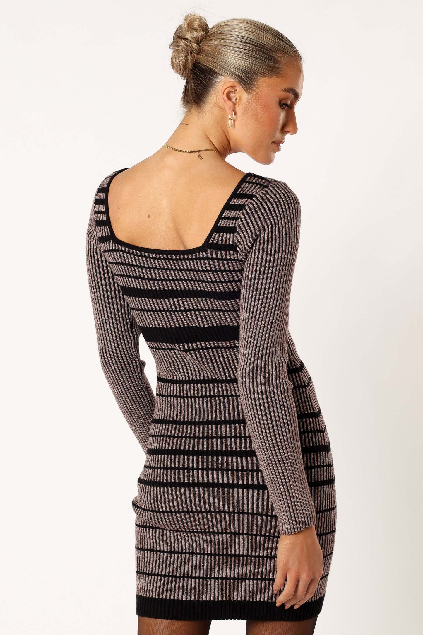 Maika Long Sleeve Mini Dress - Beige Black-Sunny Prom