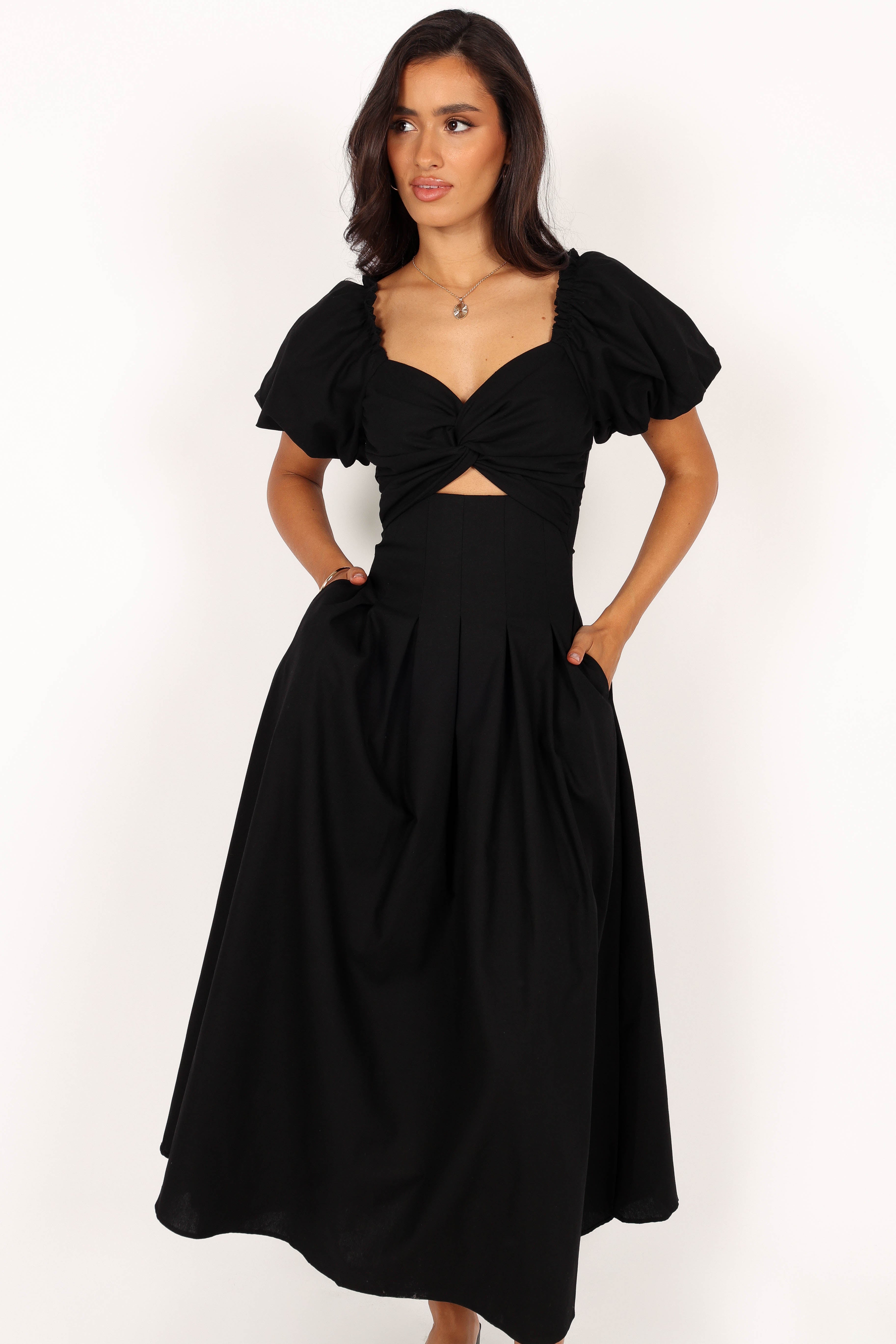 Maria Puff Sleeve Midi Dress - Black-Sunny Prom