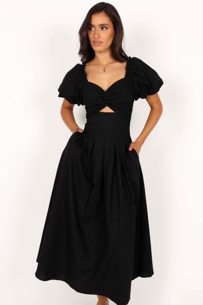 Maria Puff Sleeve Midi Dress - Black-Sunny Prom