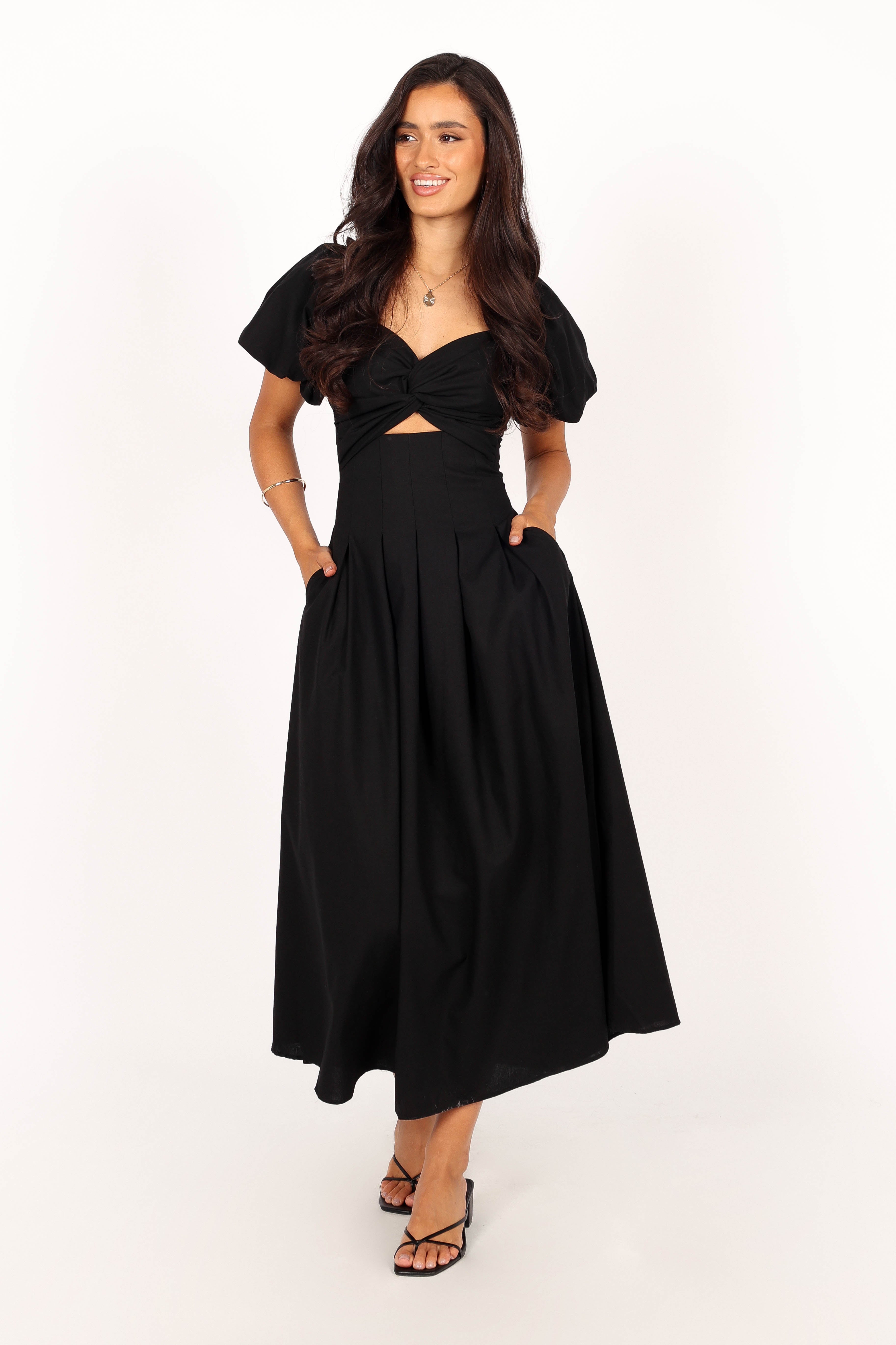 Maria Puff Sleeve Midi Dress - Black-Sunny Prom