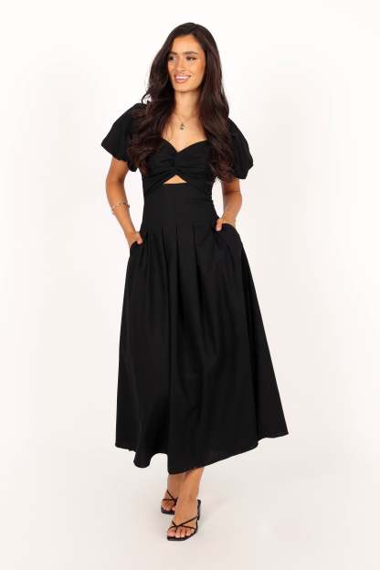 Maria Puff Sleeve Midi Dress - Black-Sunny Prom