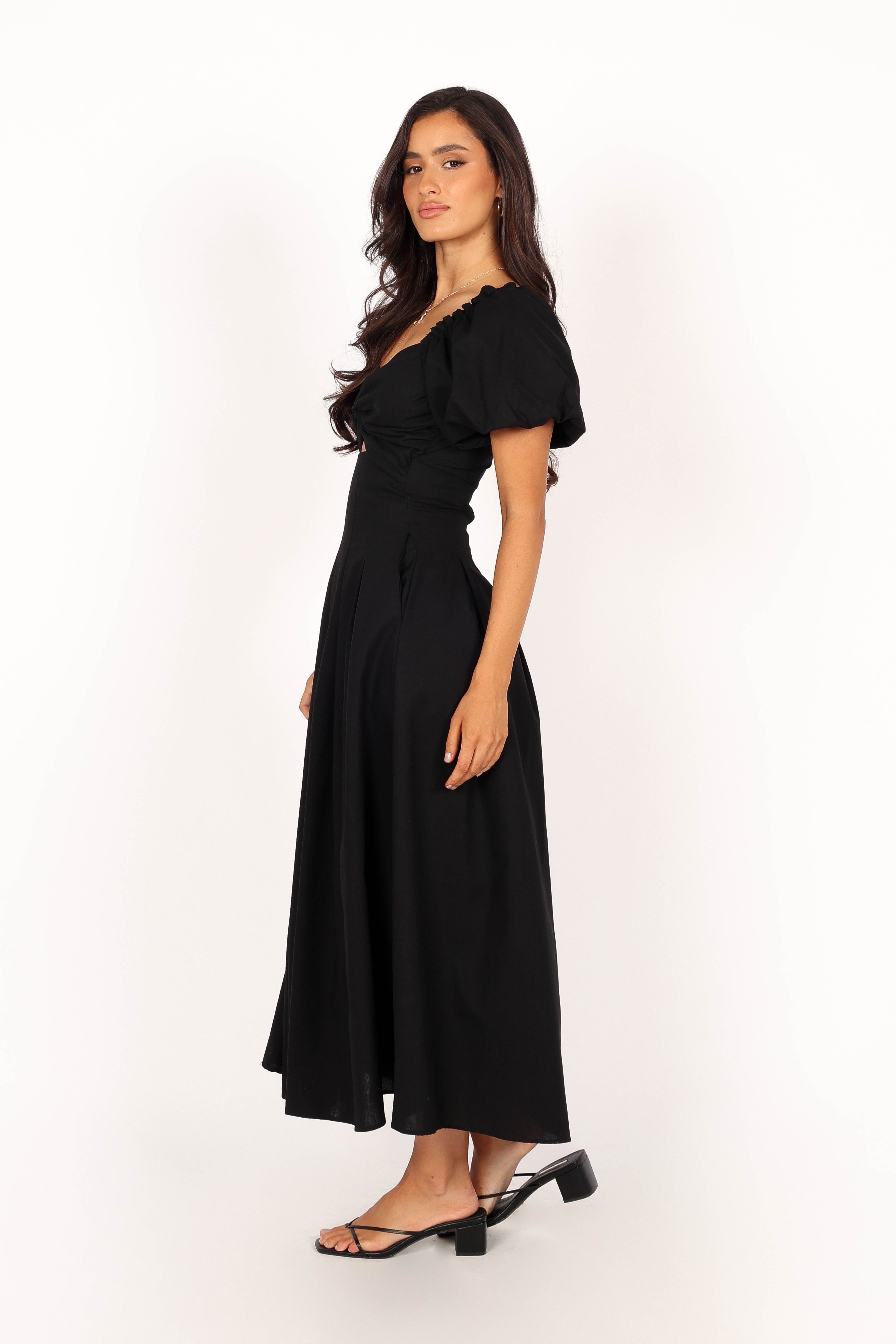 Maria Puff Sleeve Midi Dress - Black-Sunny Prom