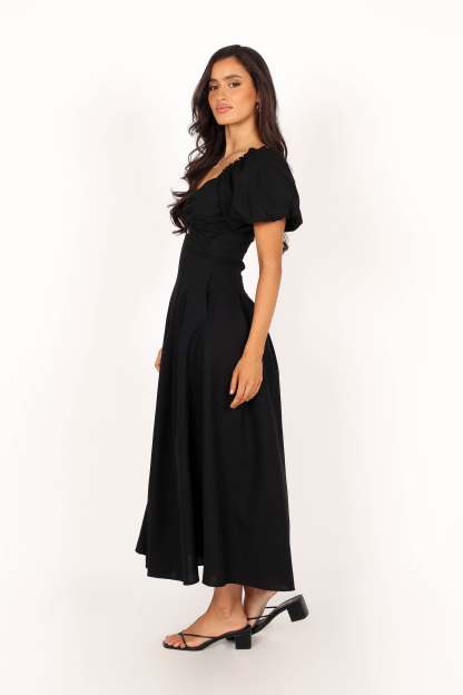 Maria Puff Sleeve Midi Dress - Black-Sunny Prom