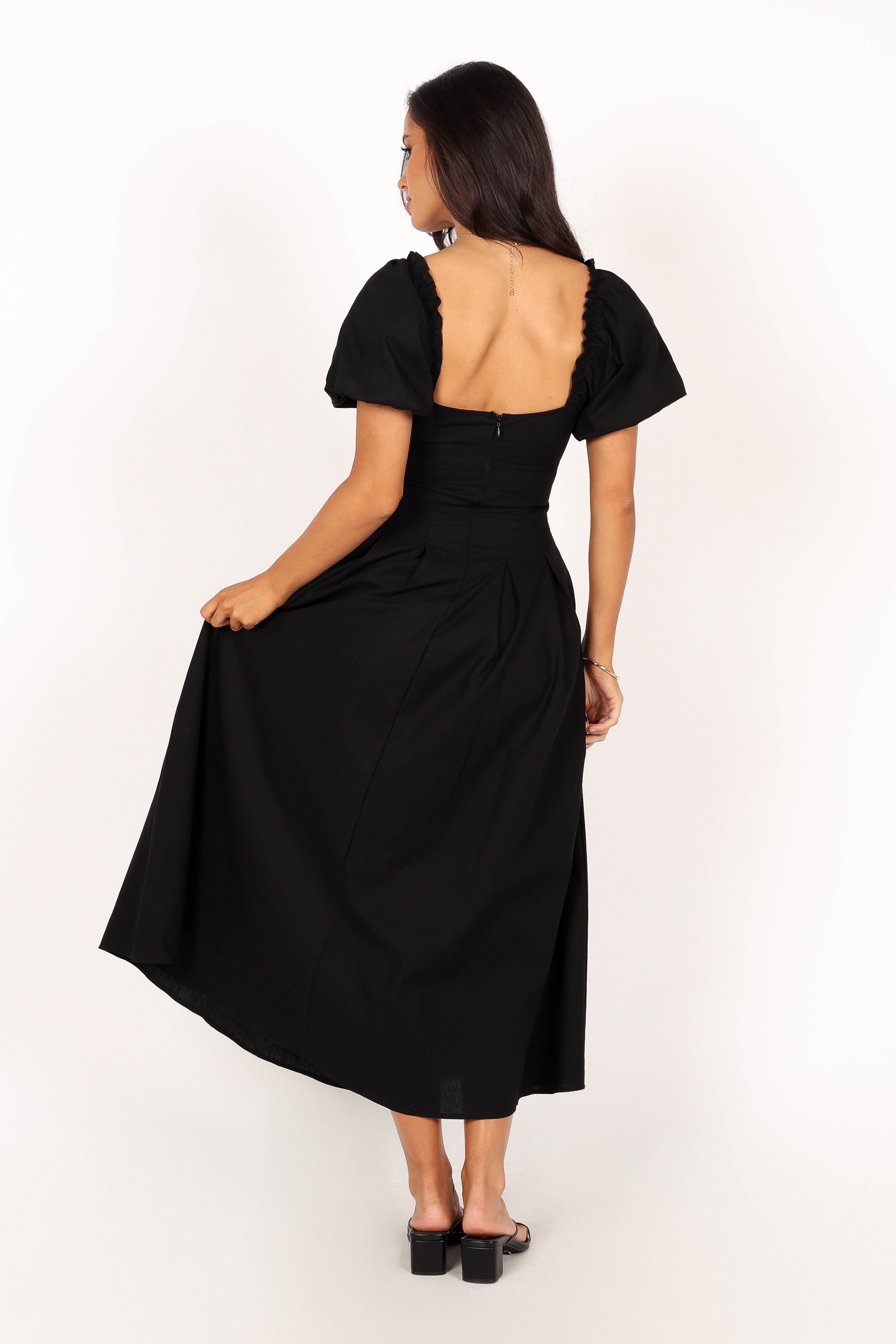 Maria Puff Sleeve Midi Dress - Black-Sunny Prom