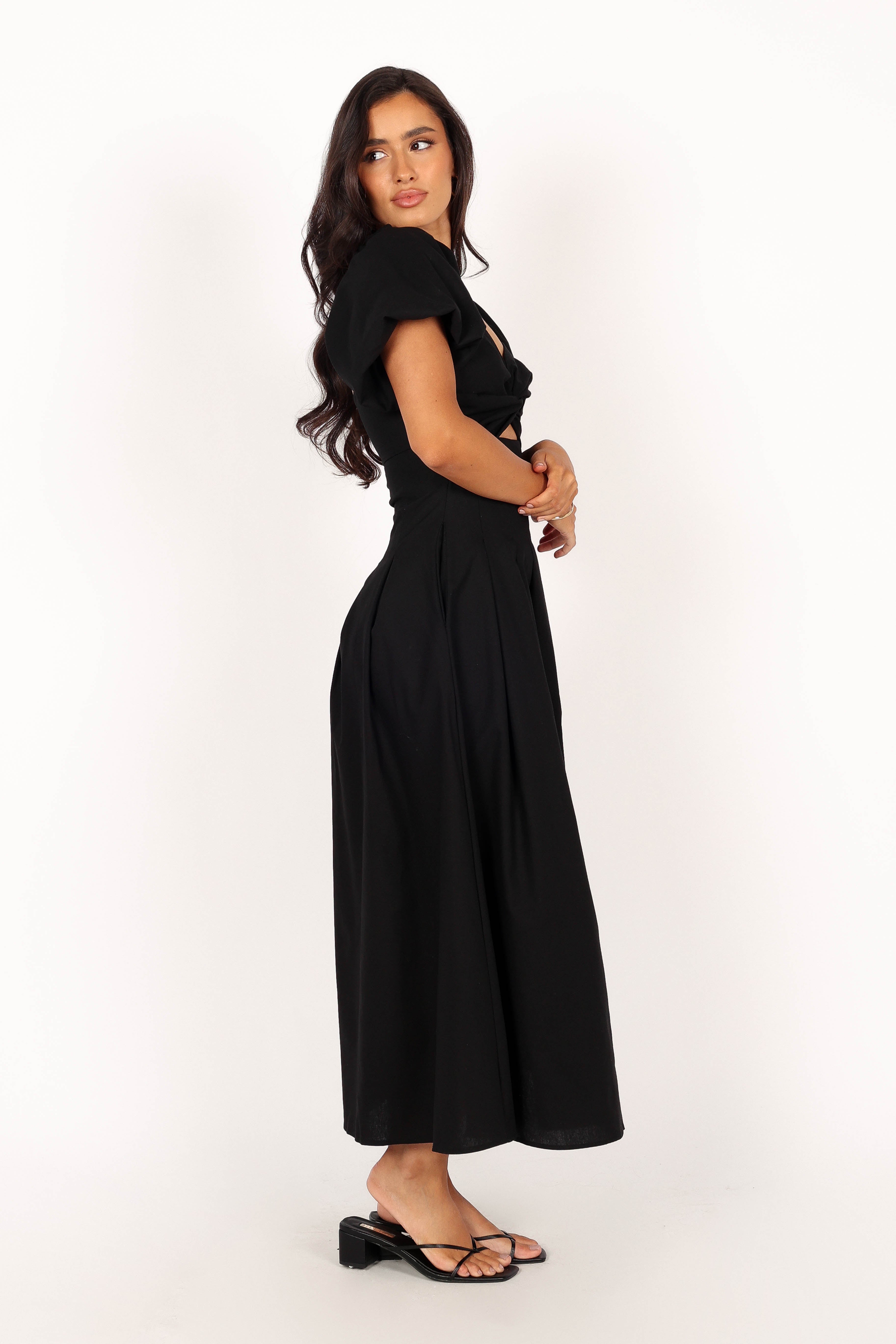 Maria Puff Sleeve Midi Dress - Black-Sunny Prom