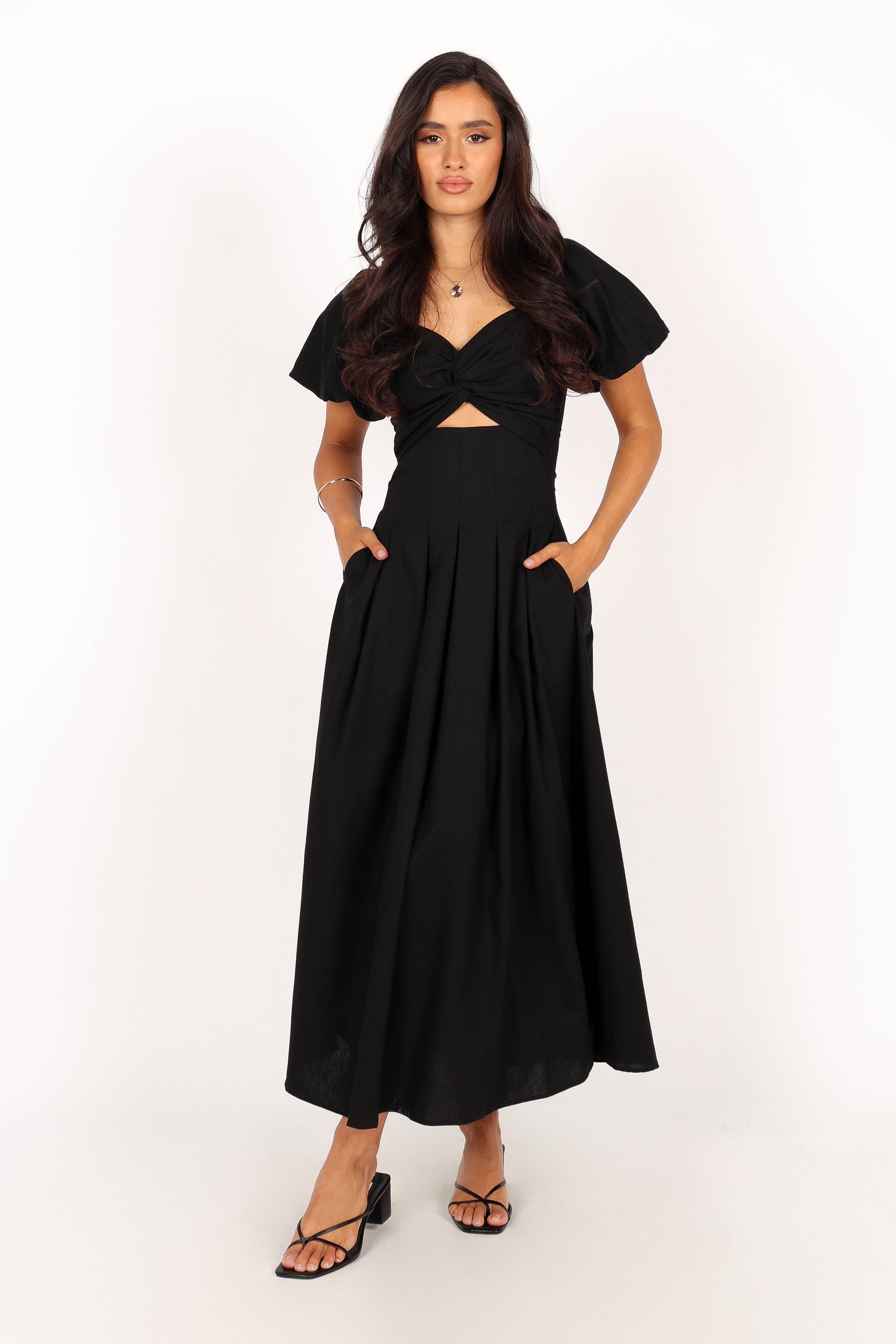 Maria Puff Sleeve Midi Dress - Black-Sunny Prom