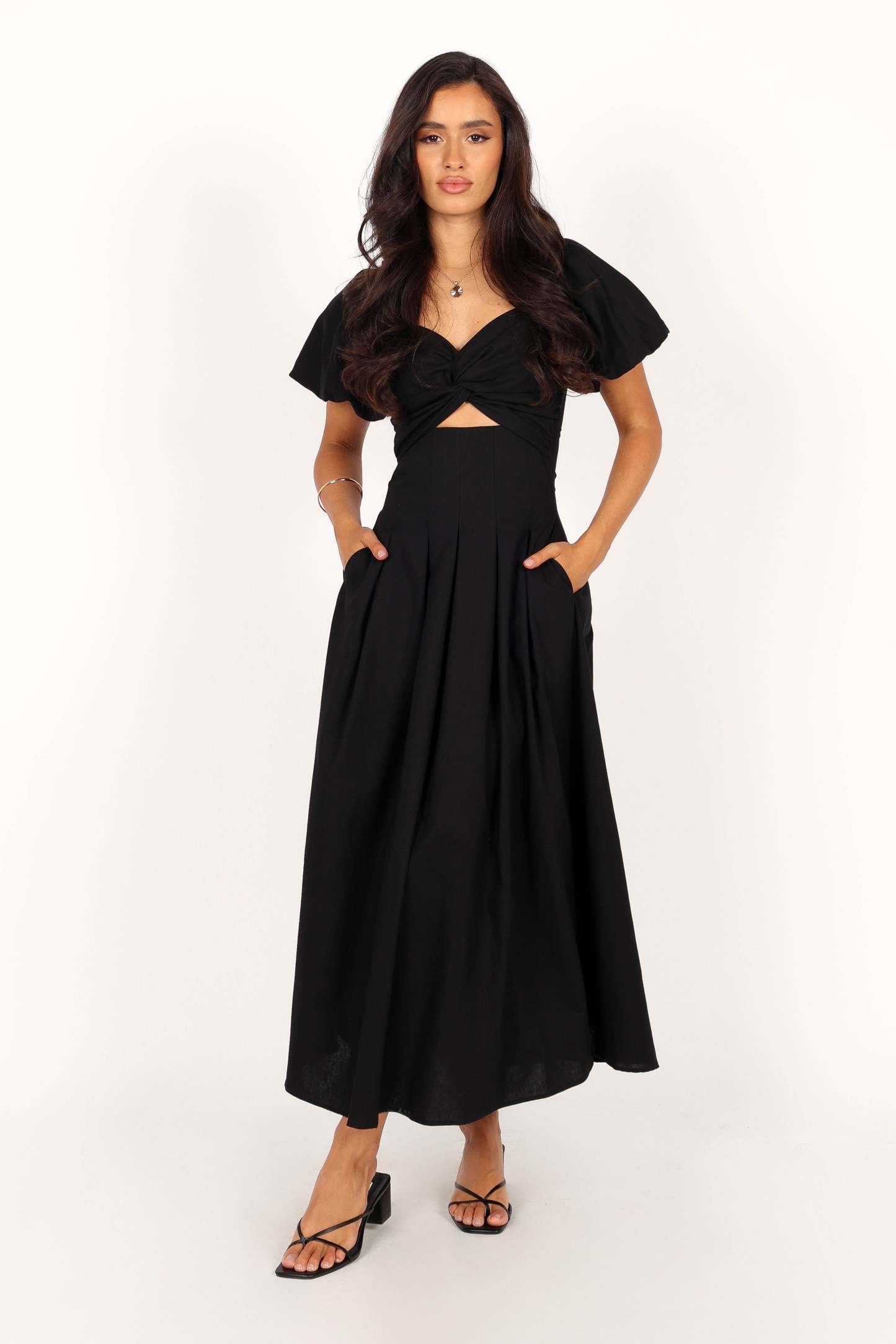 Maria Puff Sleeve Midi Dress - Black-Sunny Prom