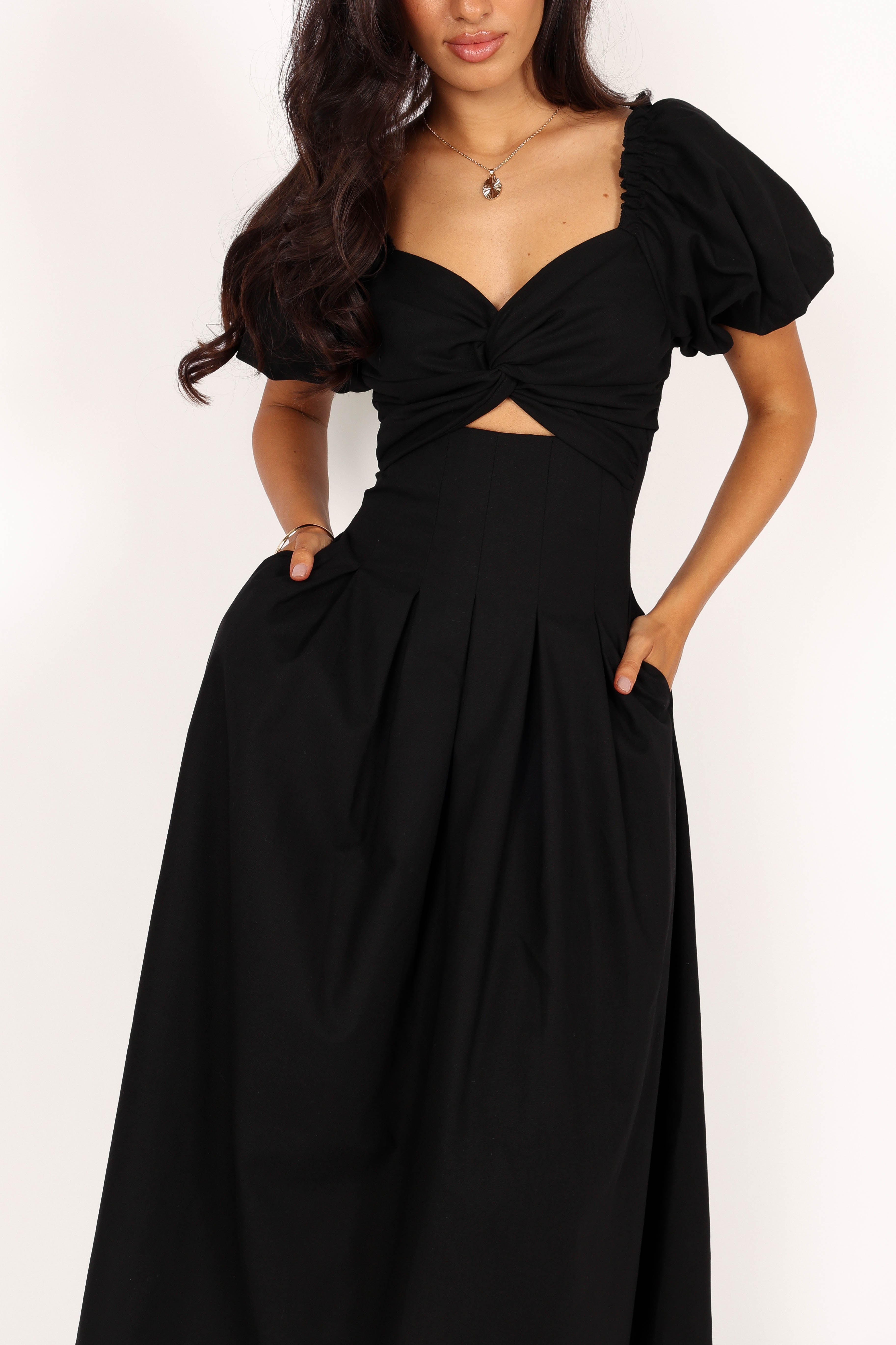 Maria Puff Sleeve Midi Dress - Black-Sunny Prom
