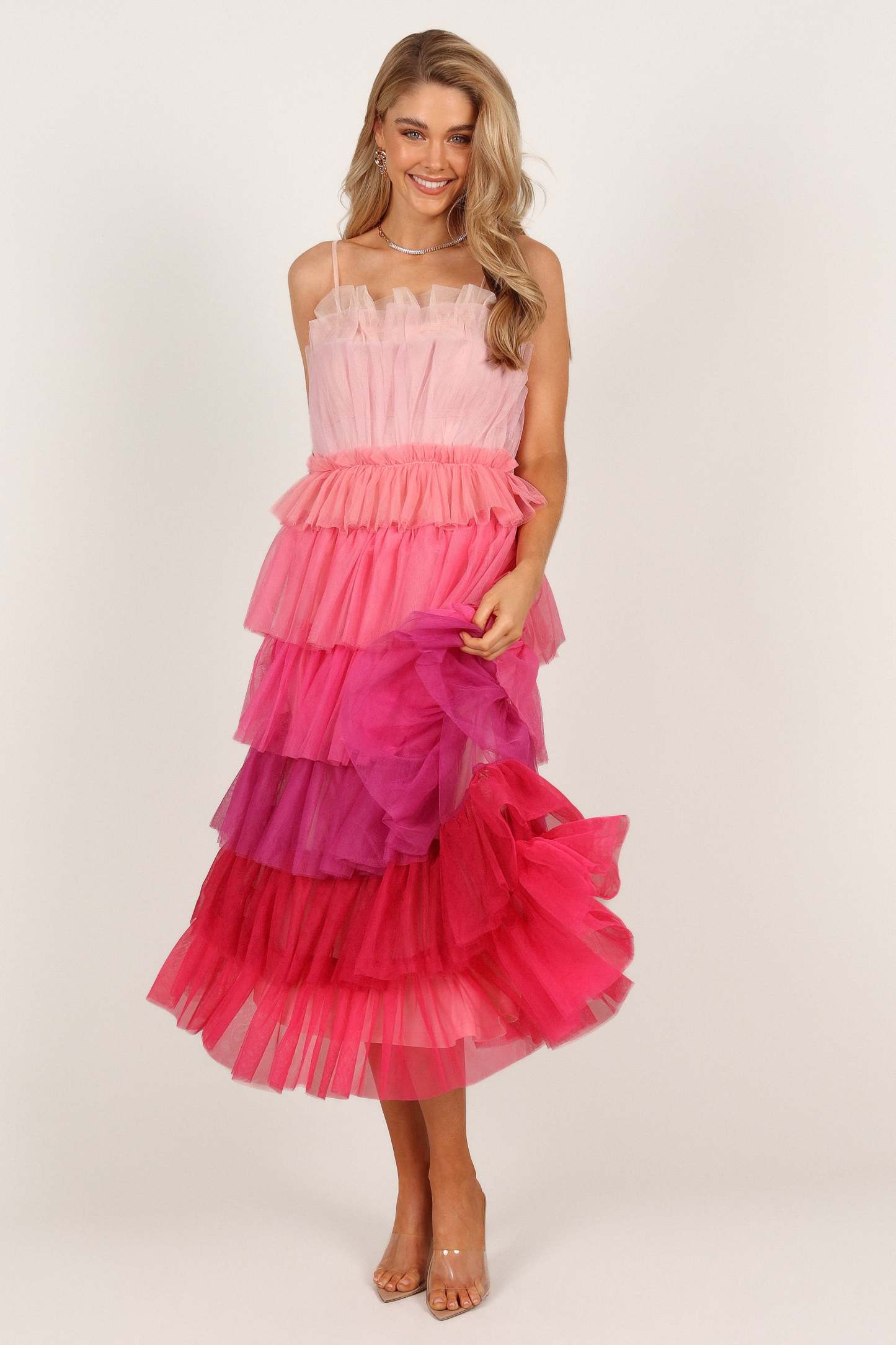Minnie Tiered Tulle Midi Dress - Pink-Sunny Prom