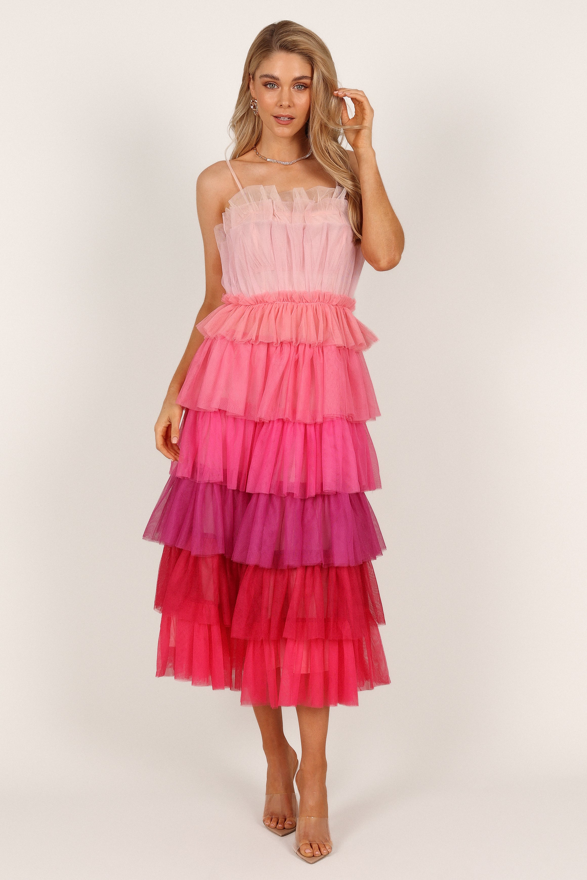 Minnie Tiered Tulle Midi Dress - Pink-Sunny Prom
