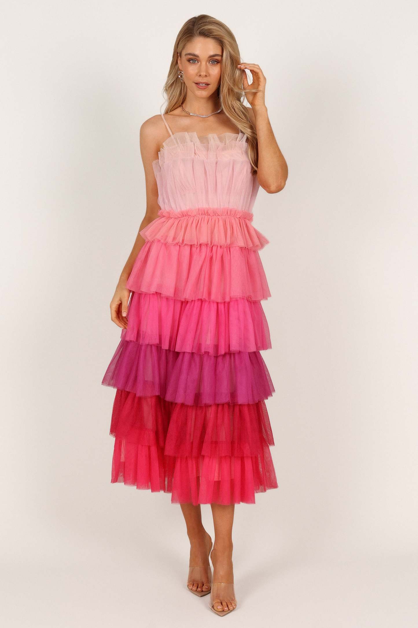 Minnie Tiered Tulle Midi Dress - Pink-Sunny Prom