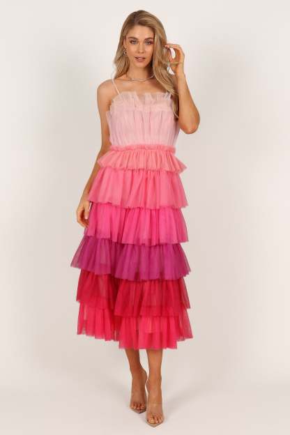 Minnie Tiered Tulle Midi Dress - Pink-Sunny Prom