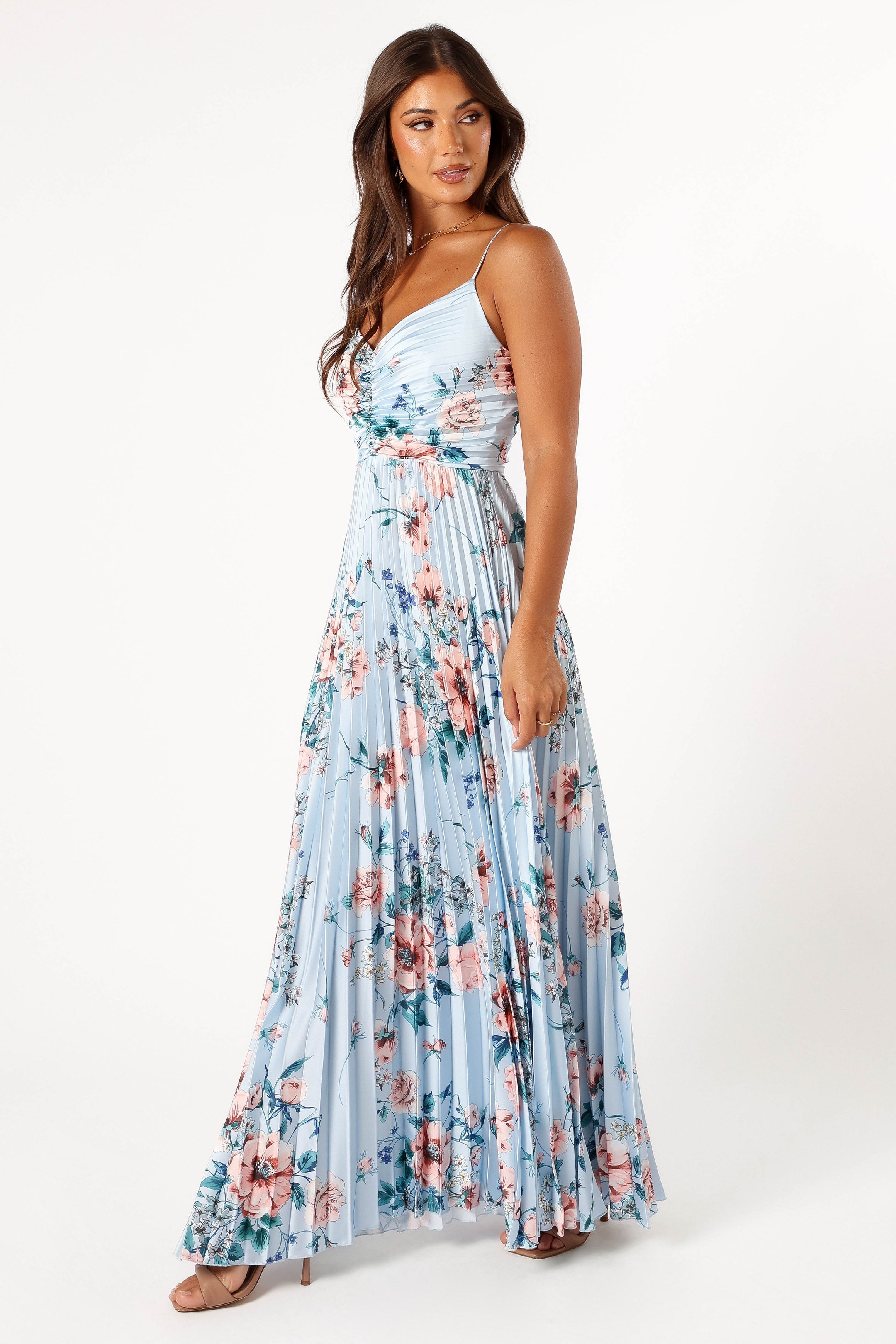 Naira Pleated Maxi Dress - Blue Floral-Sunny Prom