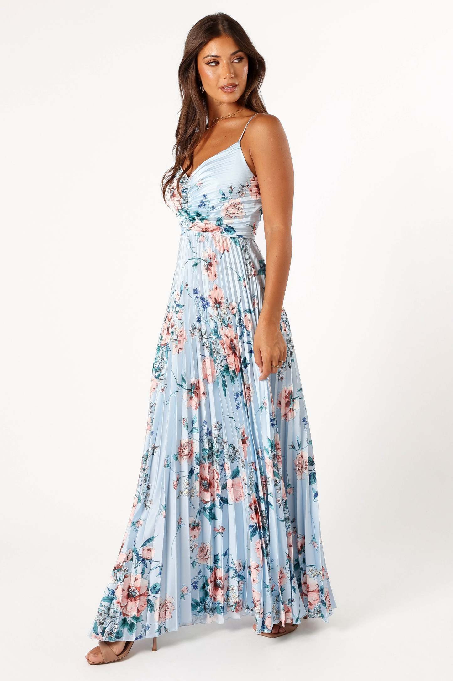Naira Pleated Maxi Dress - Blue Floral-Sunny Prom